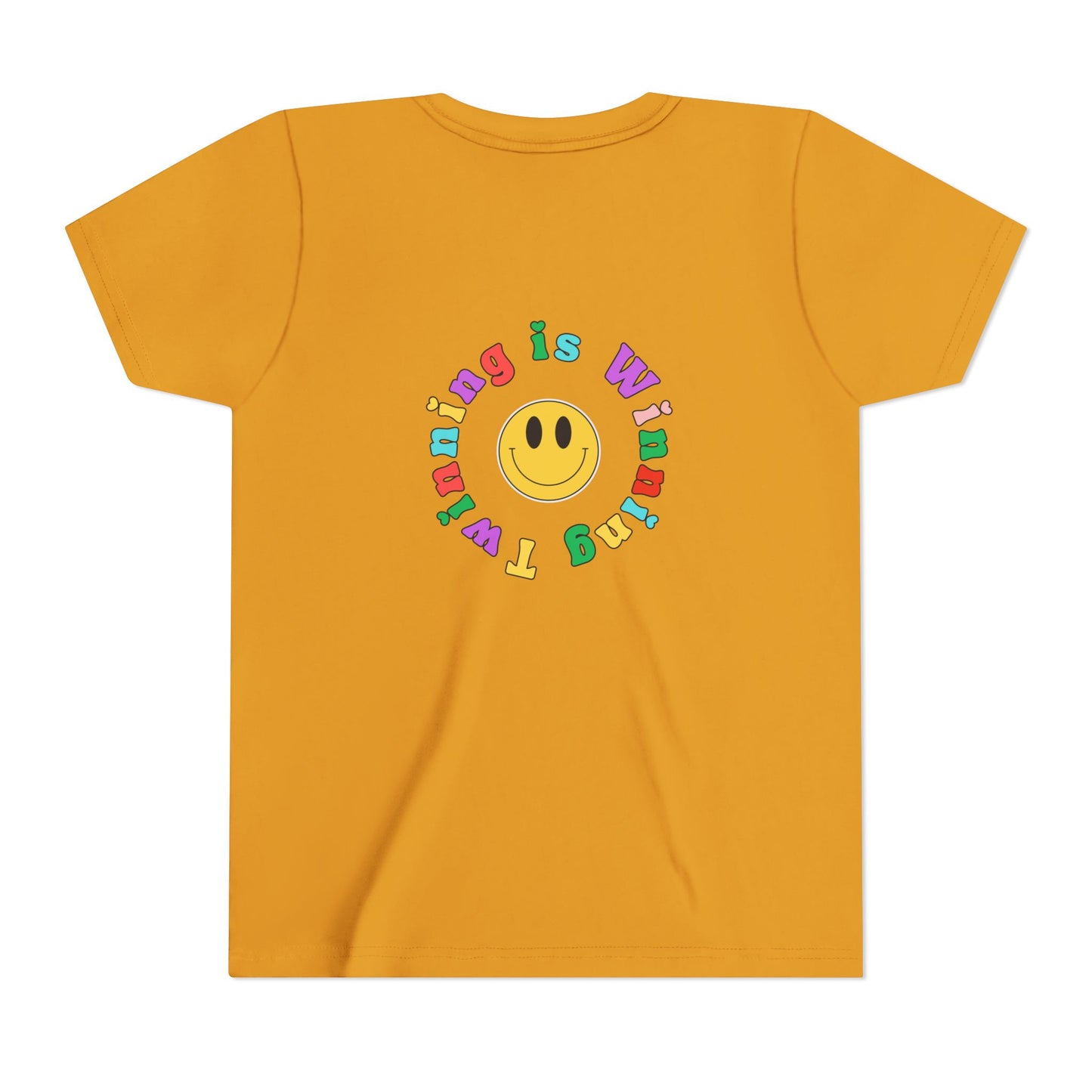 Twin Gymnastics Tee- Front and Back Retro Smiley Face Designs — 'Twinning is Winning' Rainbow