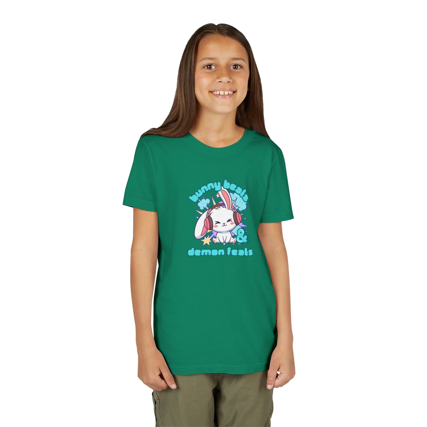 Cute Easter Bunny Headphones Graphic Tee for Young Adults- "Bunny Beats and Demon Feats" Anime K-pop Shirt