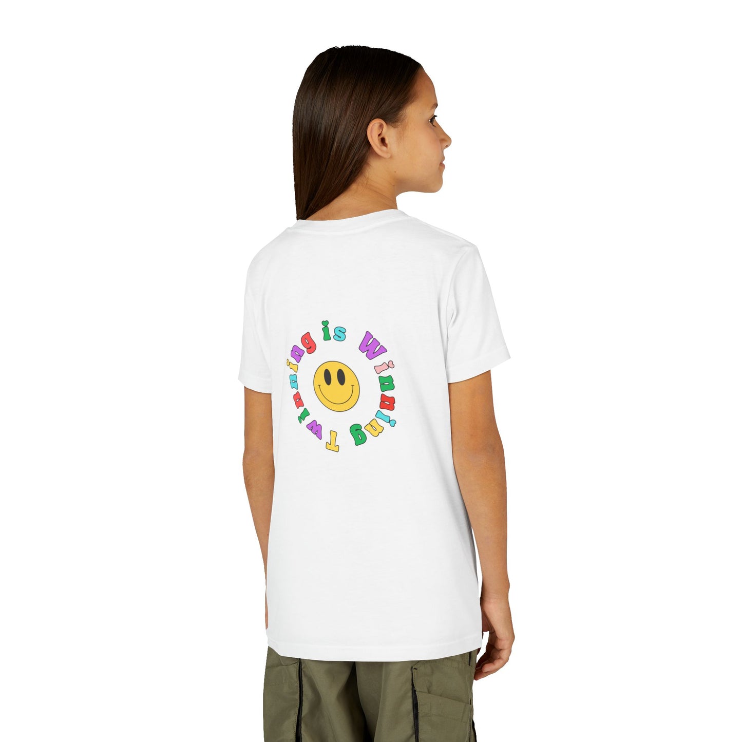 Twin Gymnastics Tee- Front and Back Retro Smiley Face Designs — 'Twinning is Winning' Rainbow