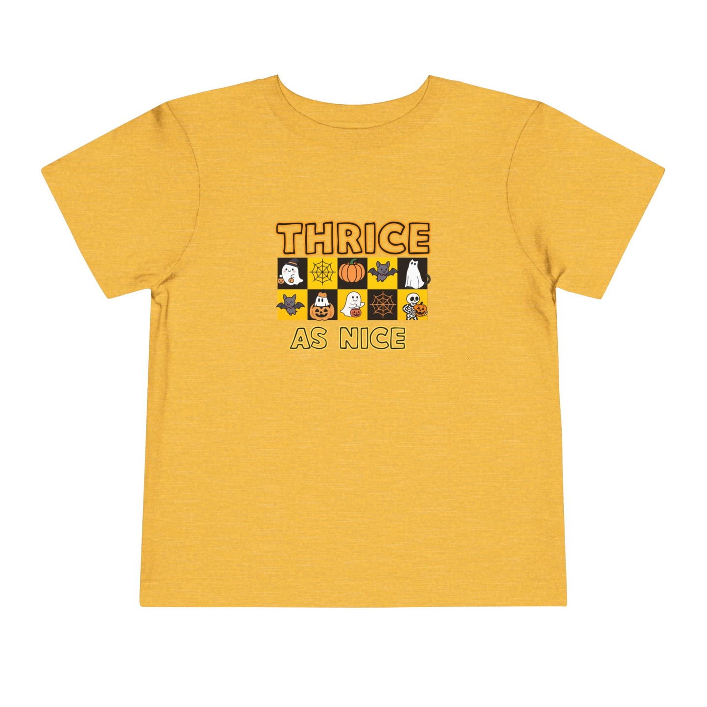 Triplet Halloween Matching Tee — "Thrice As Nice" Cute Checkerboard Fall Graphic (2 to 5 years)