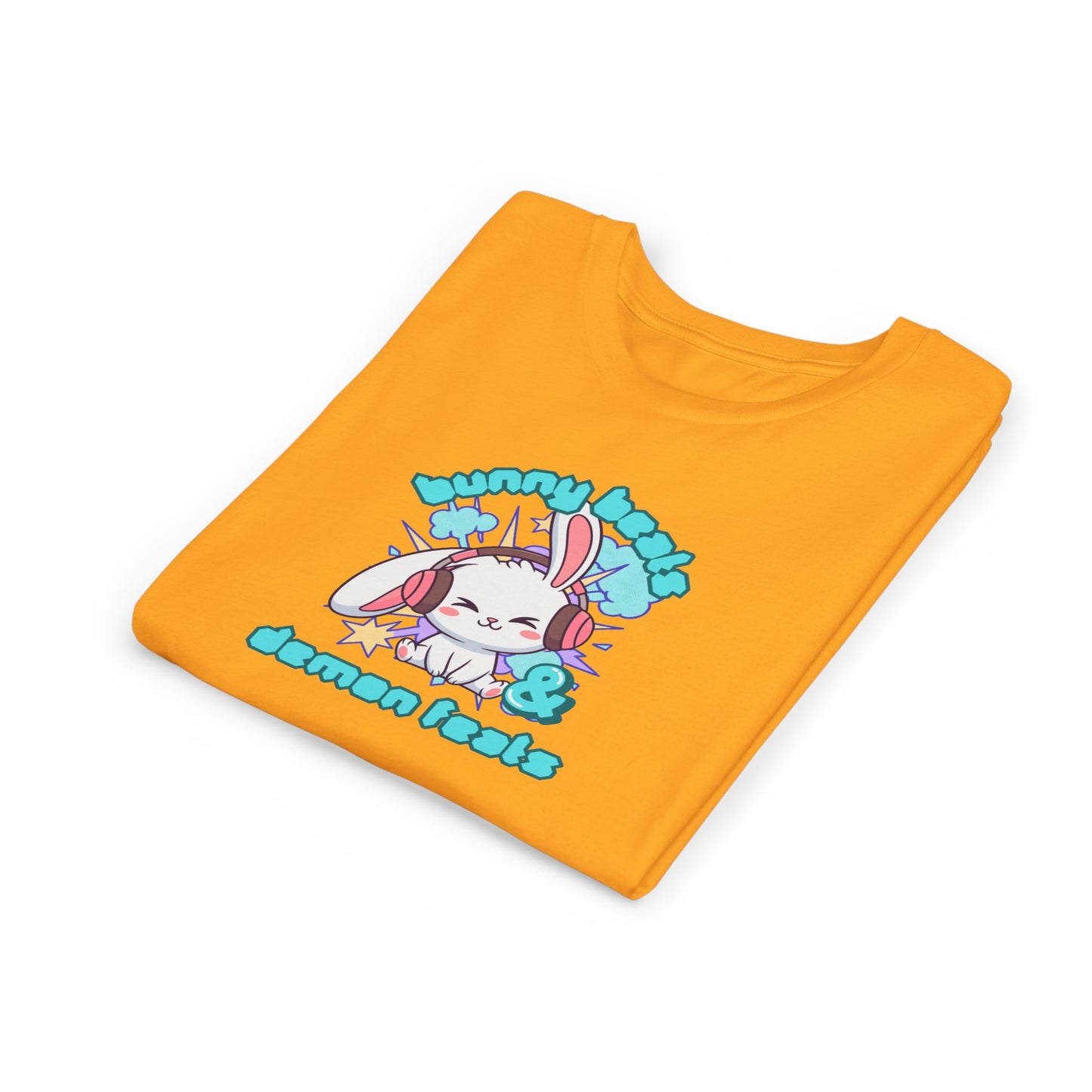 Cute Easter Bunny Headphones Graphic Tee for Young Adults- "Bunny Beats and Demon Feats" Anime K-pop Shirt
