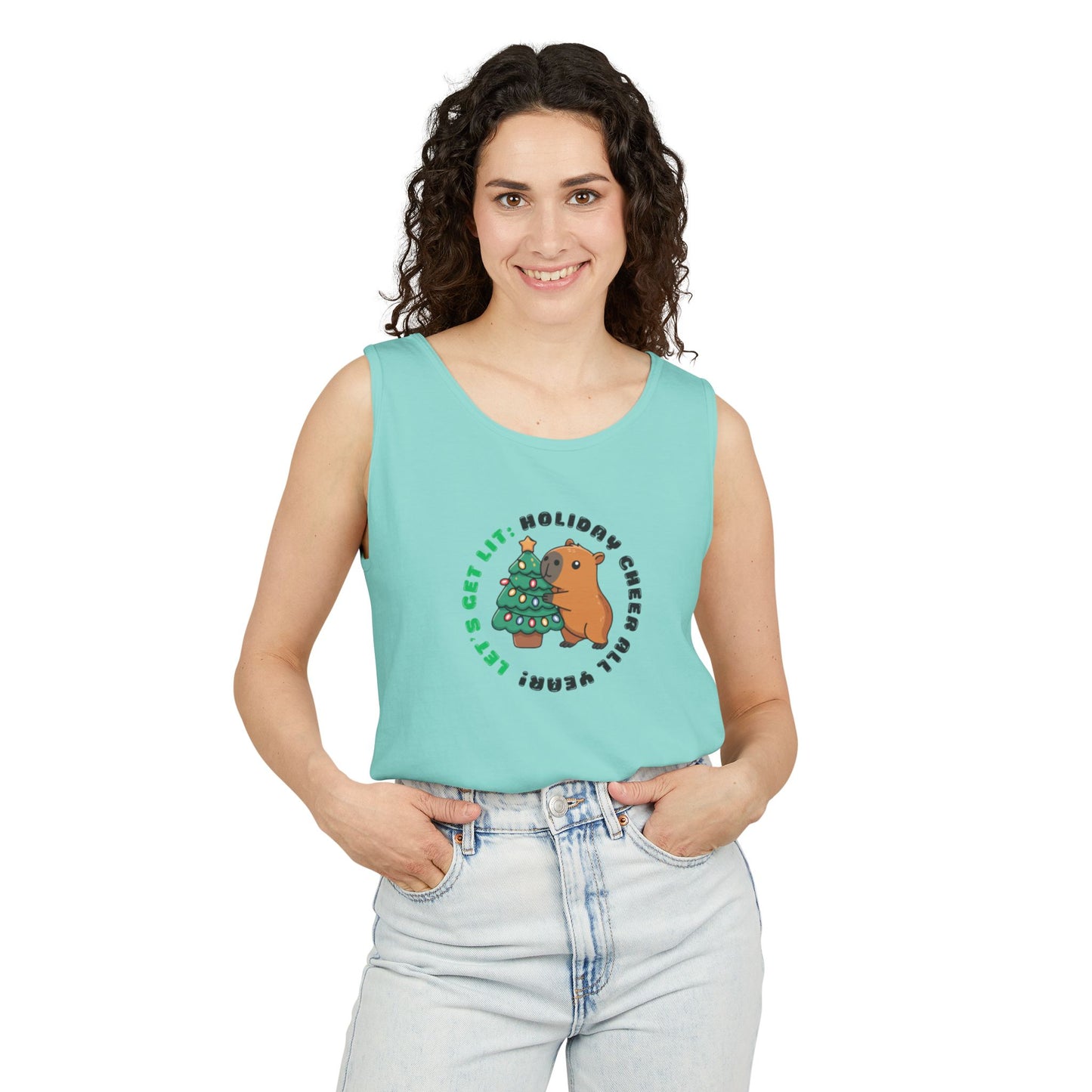 Unisex Holiday Cheer Tank Top — "Get Lit" Christmas Tree & Capybara Graphic