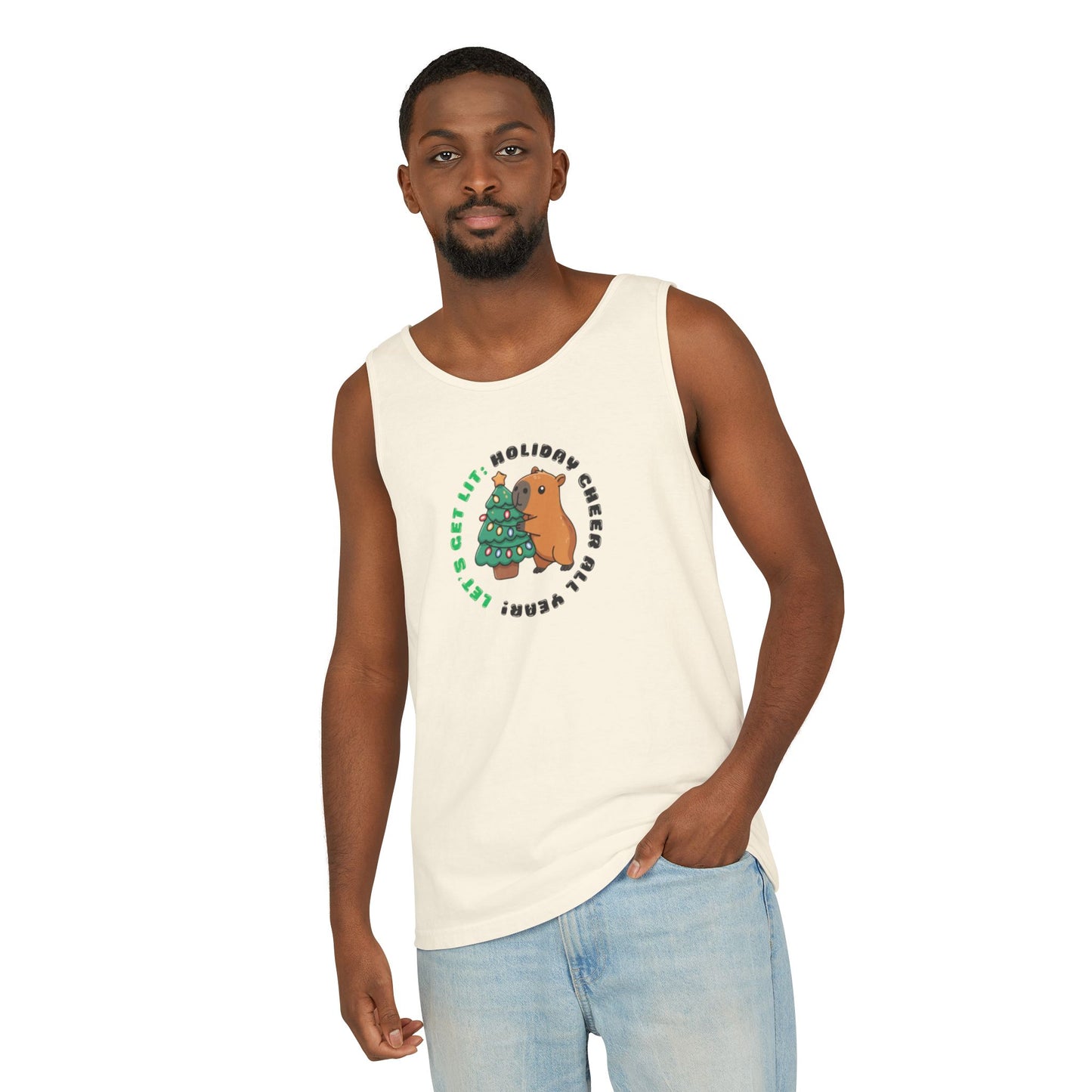 Unisex Holiday Cheer Tank Top — "Get Lit" Christmas Tree & Capybara Graphic