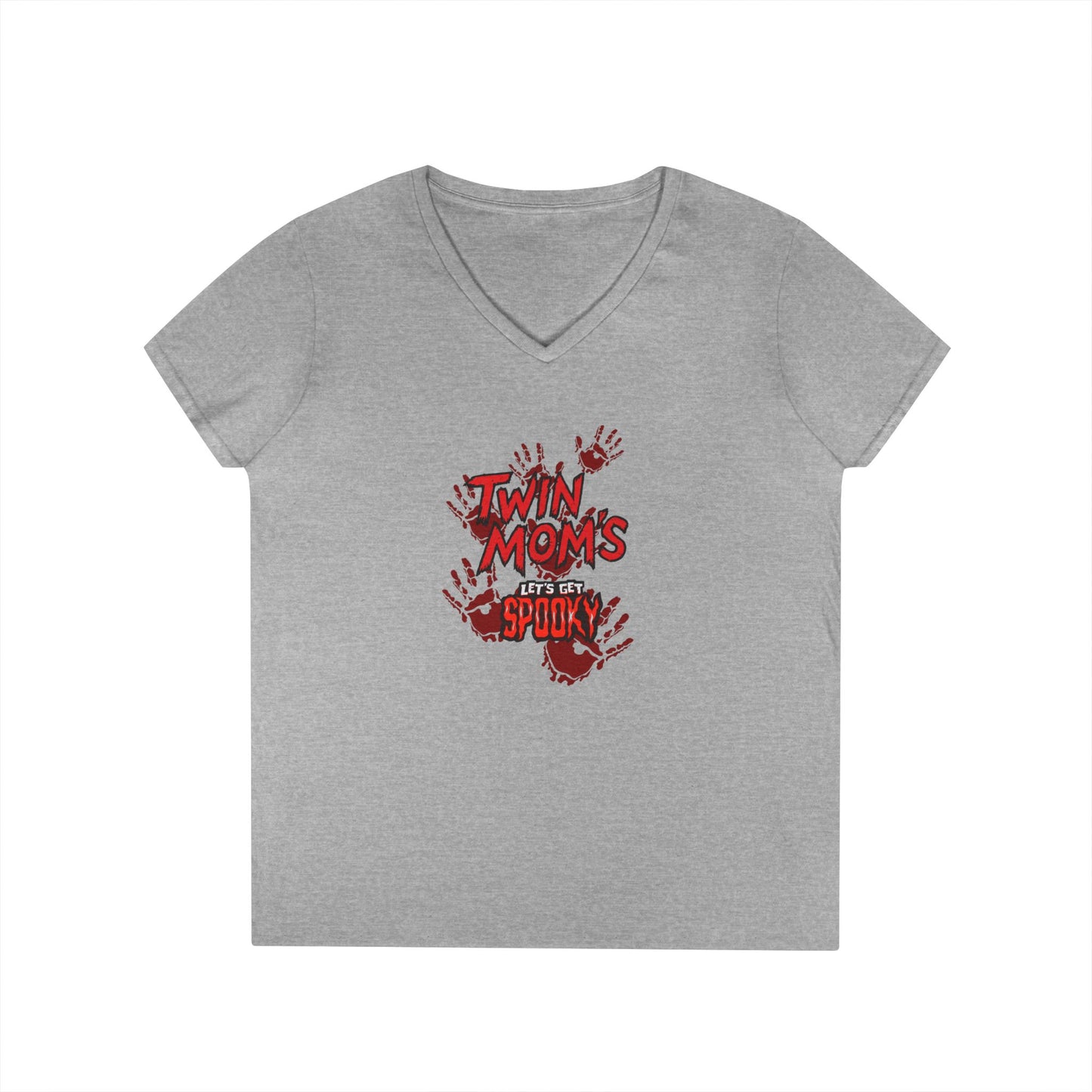 Twin Moms Get Spooky V-Neck Tee — Halloween Graphic T-Shirt for Twin Moms
