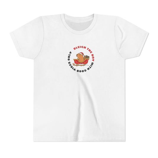 Youth Tee — 'Sleigh The Day' Capybara on Sled Christmas Shirt