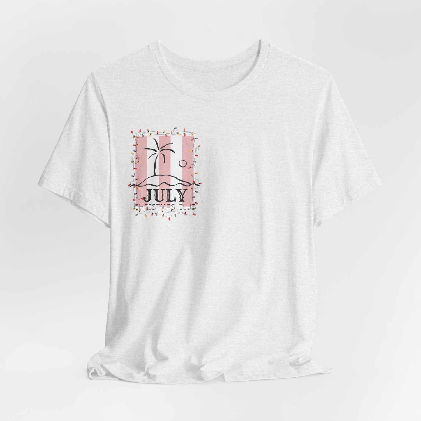 July Christmas Club — Tropical Palm & Holiday Lights Beach Shirt- FRONT AND BACK DESIGN