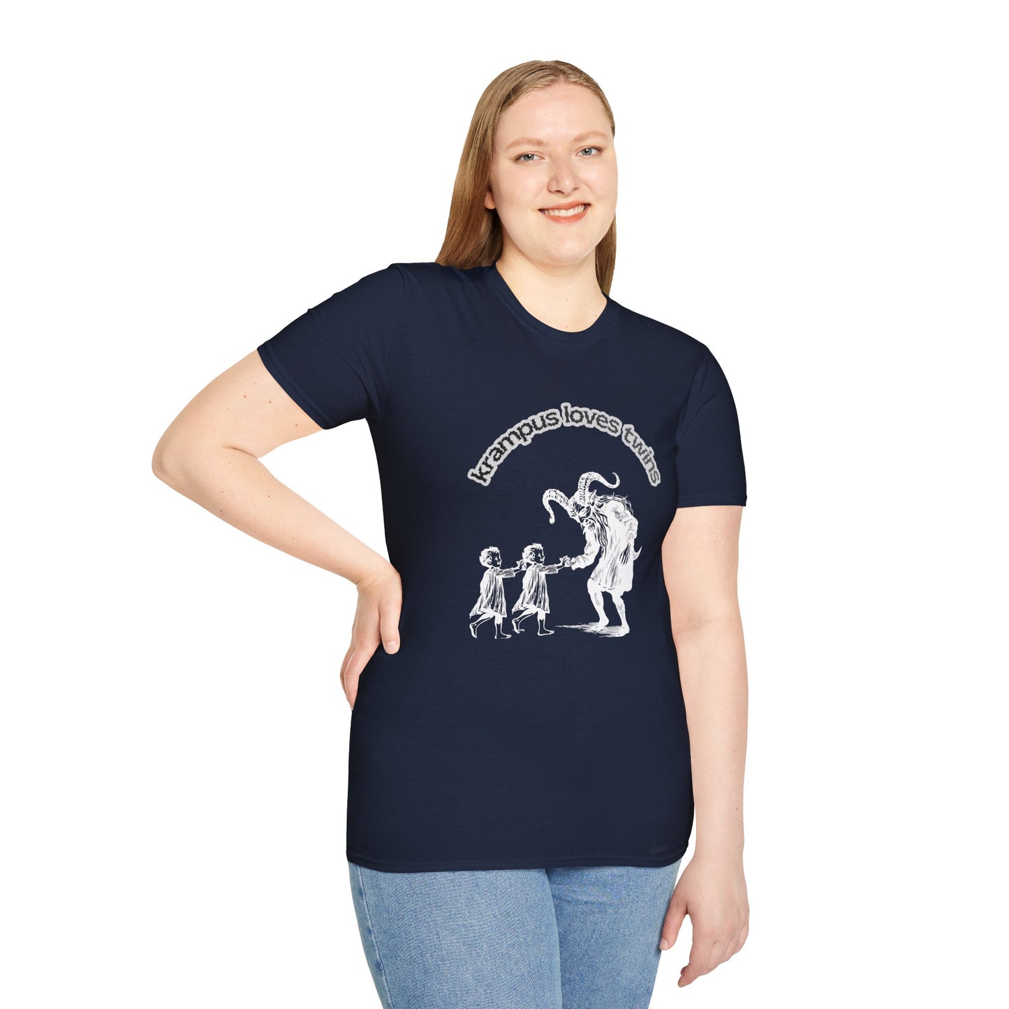 Krampus Loves Twins- Horror Theme Twin Parent Shirt — Funny Gothic Holiday Tee