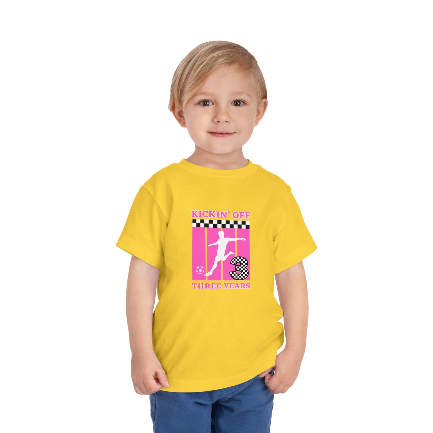 Toddler Girls Soccer Third Birthday Tee — "Kickin' Off Three Years" Pink