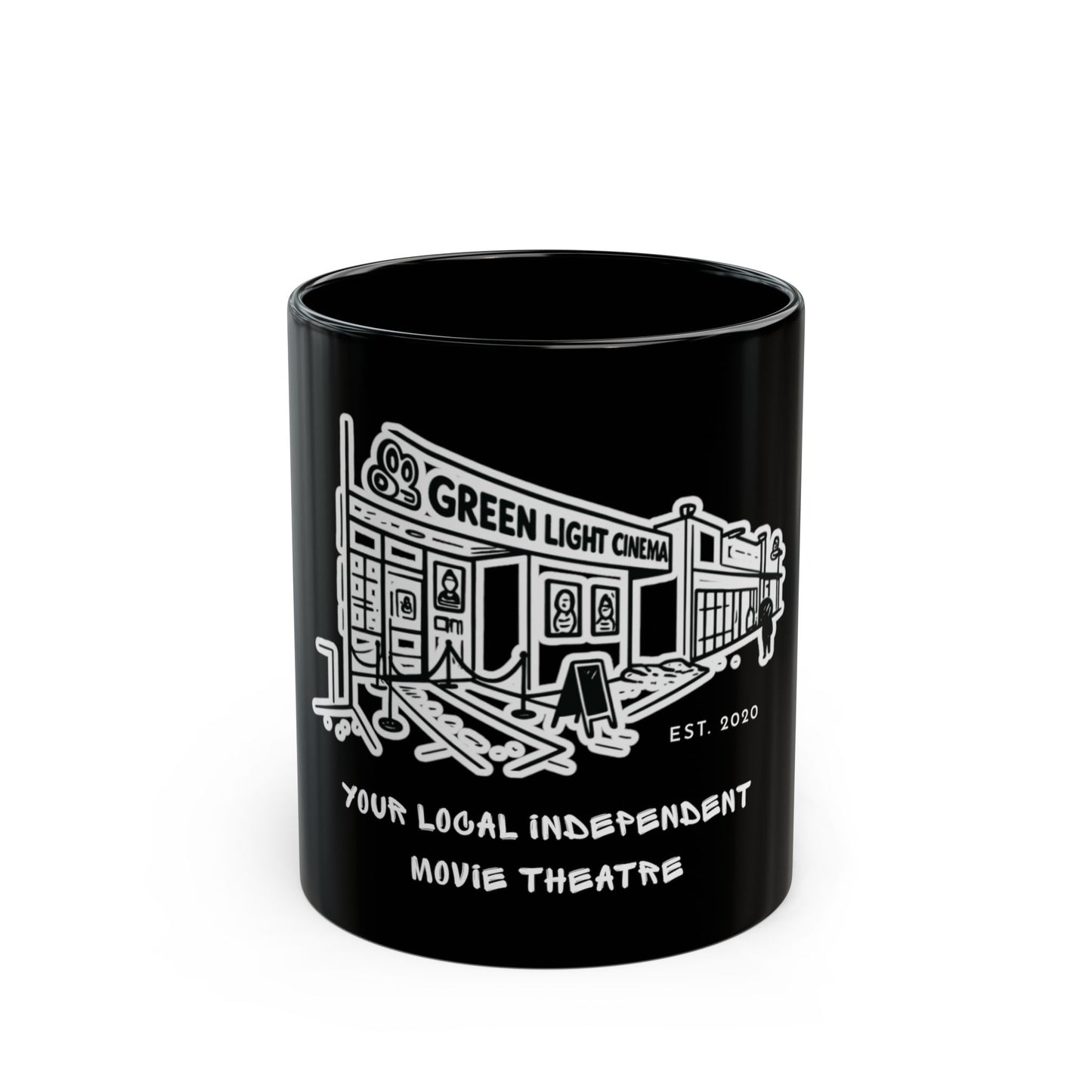 Cinema Mug — 'Green Light Cinema: Your Local Independent Movie Theatre' Black Coffee Cup (11oz & 15oz)