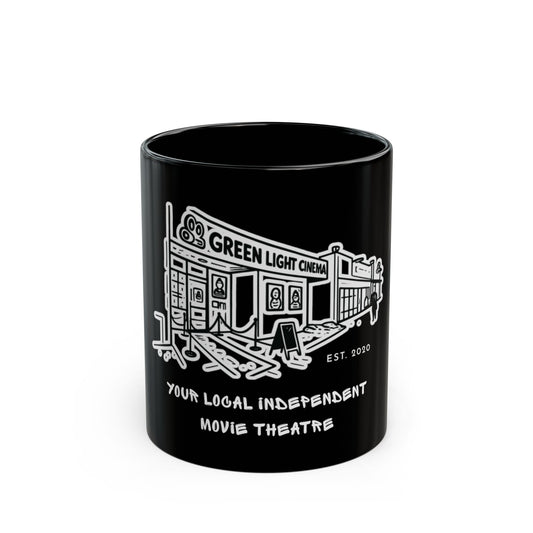 Cinema Mug — 'Green Light Cinema: Your Local Independent Movie Theatre' Black Coffee Cup (11oz & 15oz)