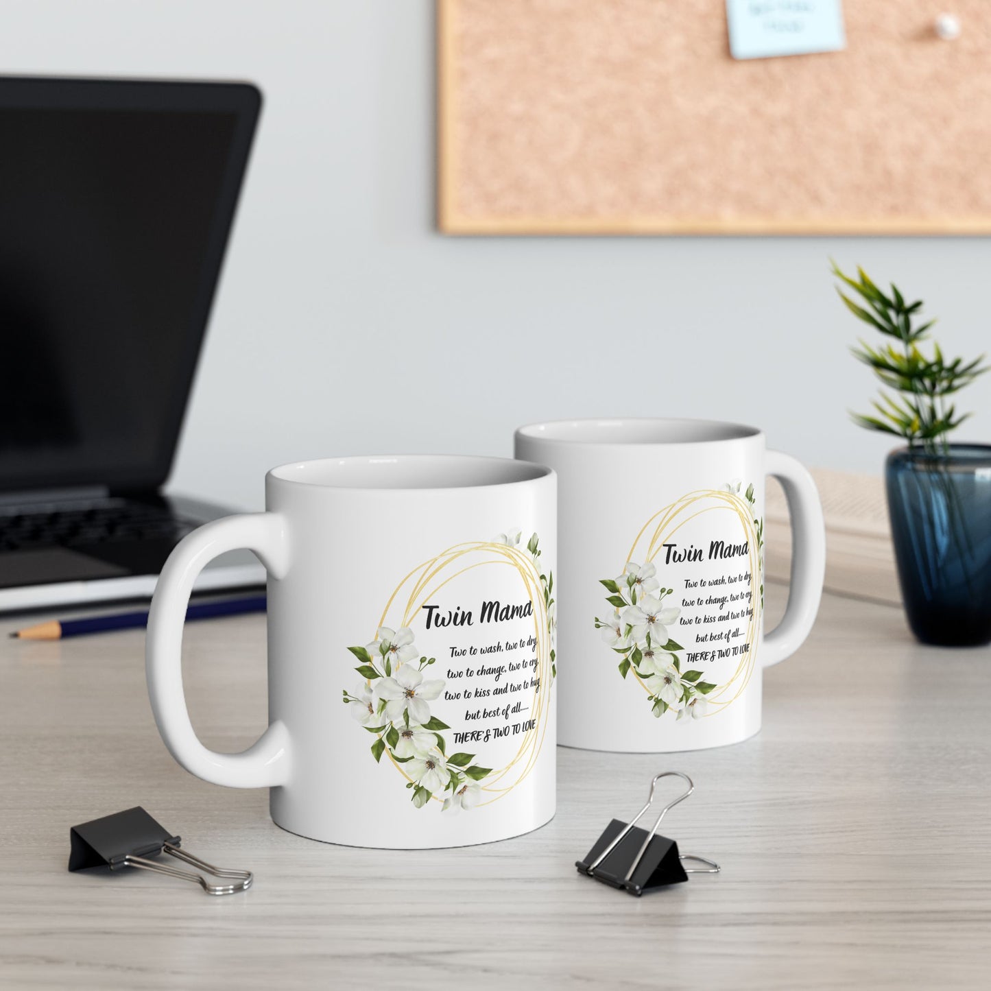 Twin Mama Floral Ceramic Mug — 'Twin Mama' Quote Coffee Cup