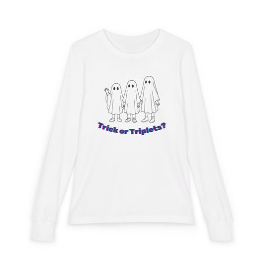 Youth Long Sleeve Tee — 'Trick or Triplets?' Ghosts Halloween Shirt