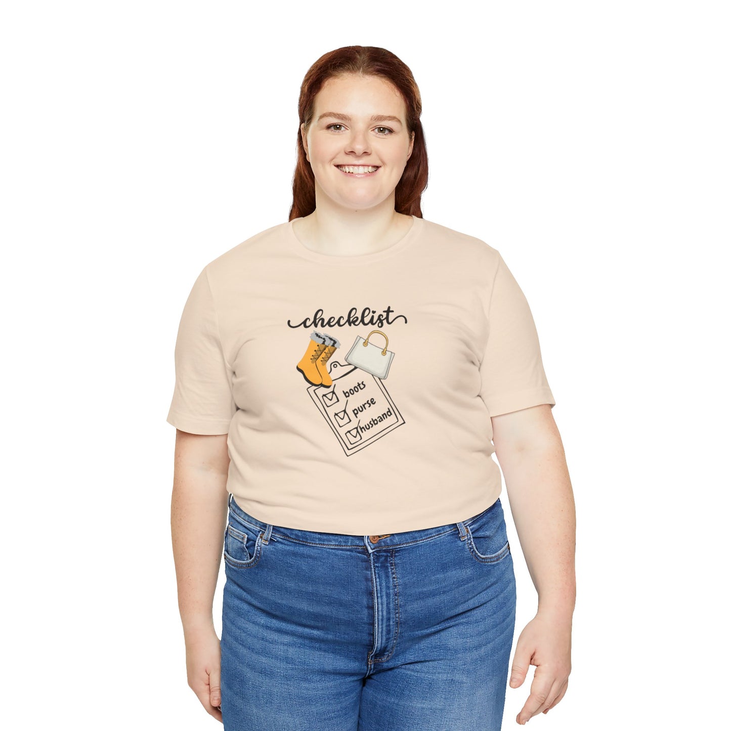 Wife Joke Checklist Tee - 'Checklist: Boots, Purse, Husband' Graphic T-Shirt Christmas Gift