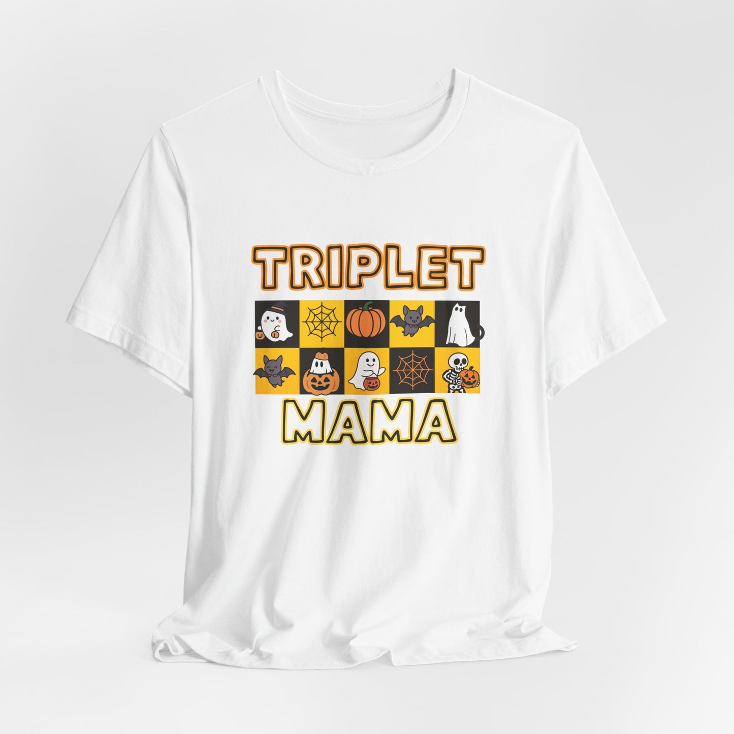 Triplet Mama Halloween Tee — Cute Spooky Mom Shirt with Ghosts & Pumpkins