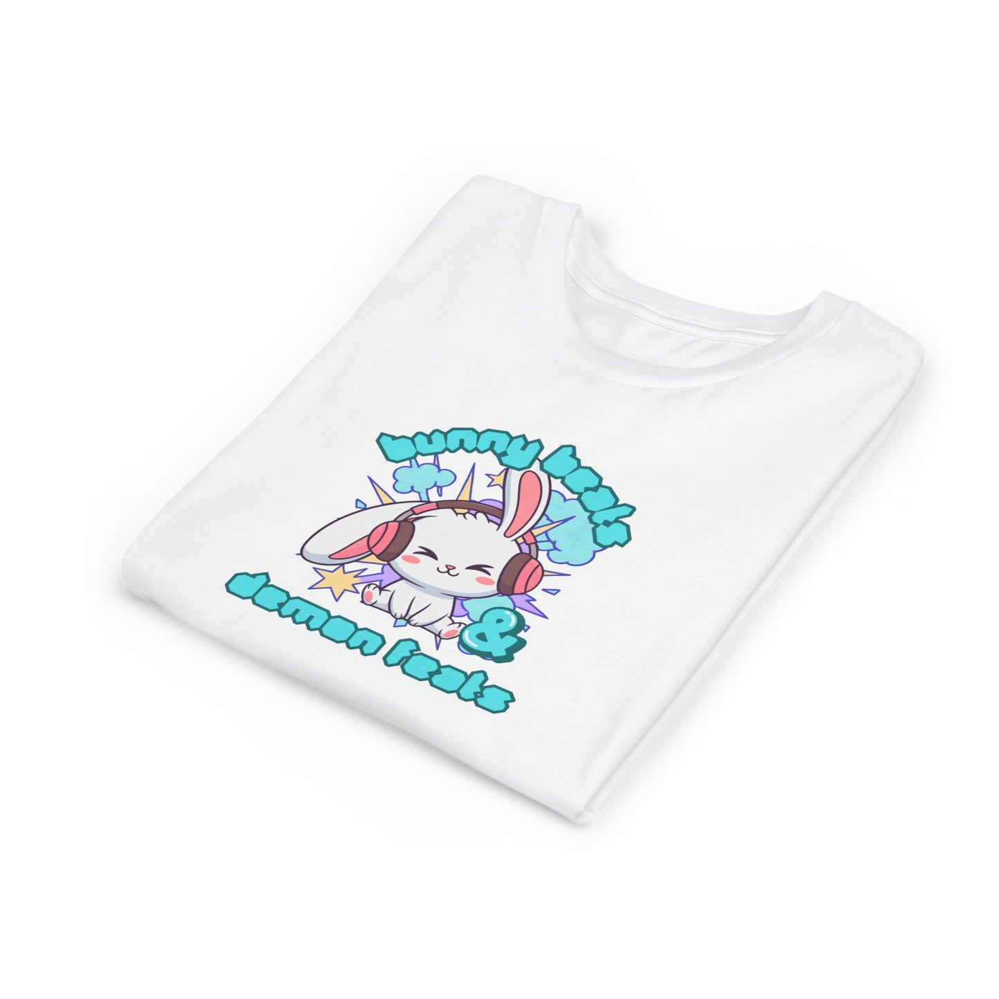 Cute Easter Bunny Headphones Graphic Tee for Young Adults- "Bunny Beats and Demon Feats" Anime K-pop Shirt