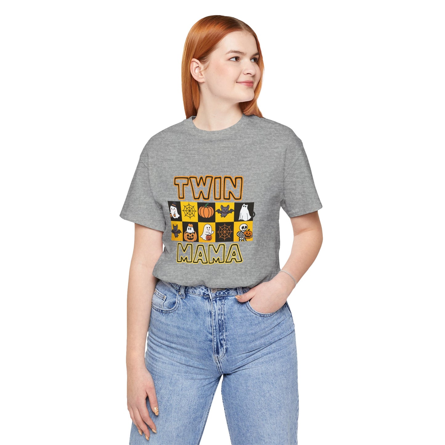 Twin Mama Halloween Tee – Cute Spooky Checkerboard Shirt for Twin Moms