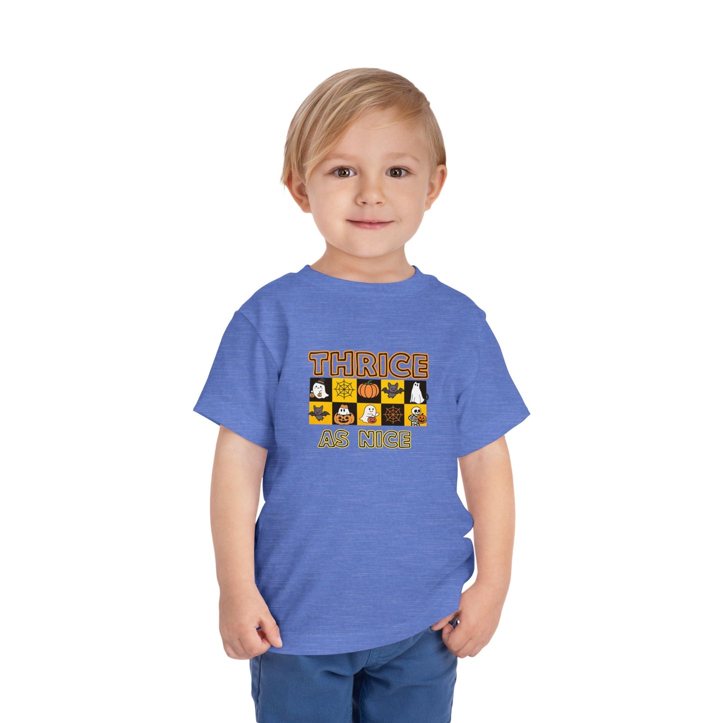 Triplet Halloween Matching Tee — "Thrice As Nice" Cute Checkerboard Fall Graphic (2 to 5 years)