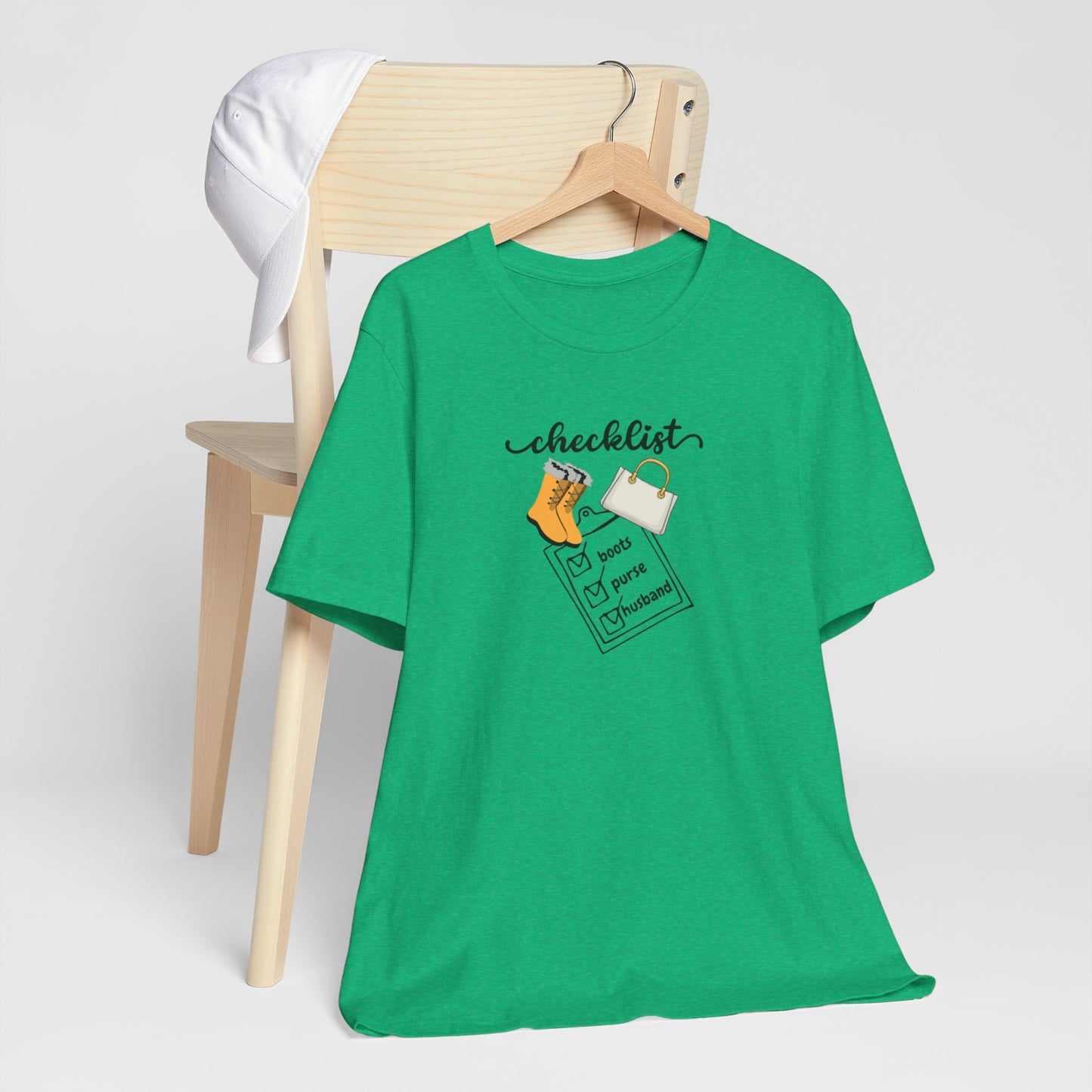 Wife Joke Checklist Tee - 'Checklist: Boots, Purse, Husband' Graphic T-Shirt Christmas Gift