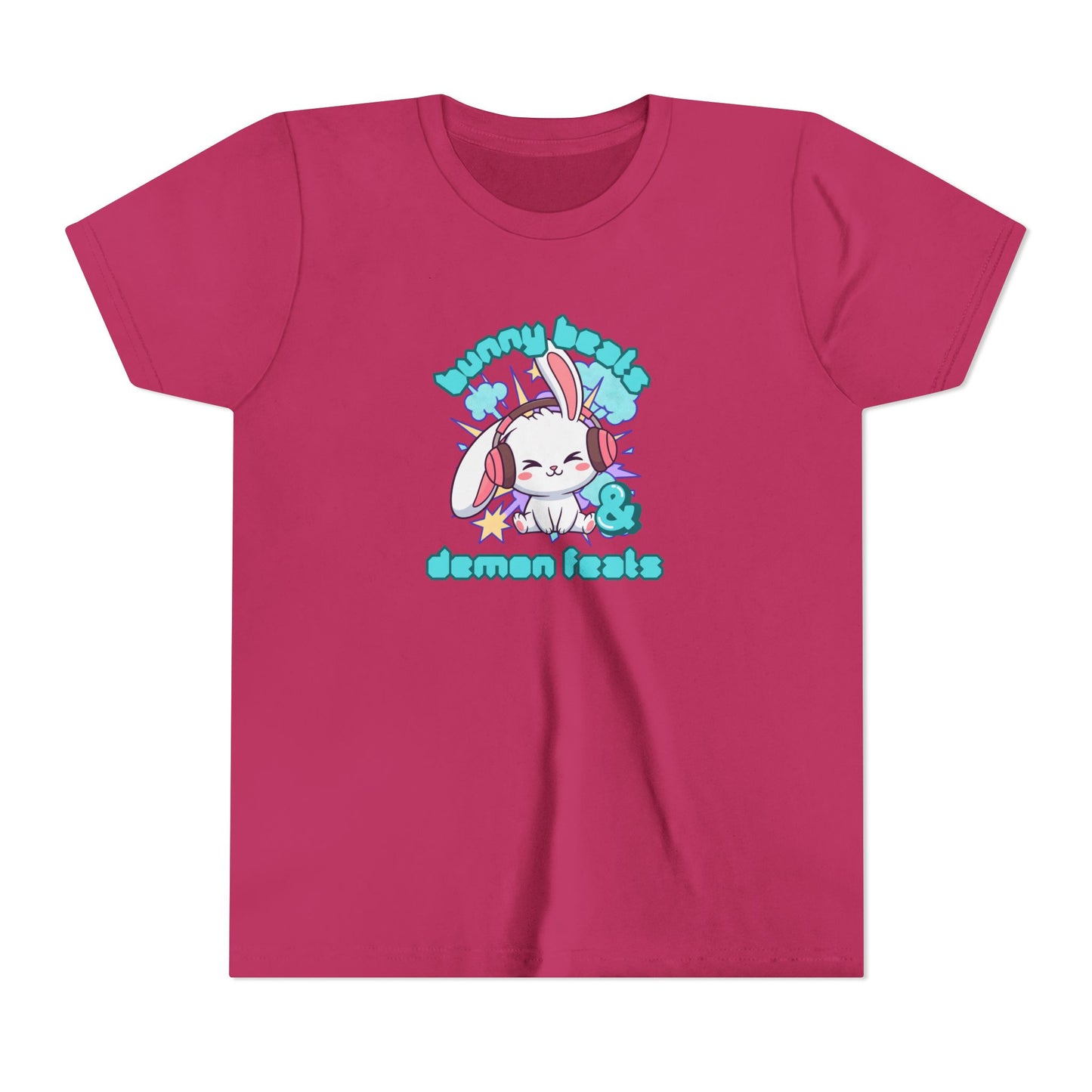 Cute Easter Bunny Headphones Graphic Tee for Young Adults- "Bunny Beats and Demon Feats" Anime K-pop Shirt
