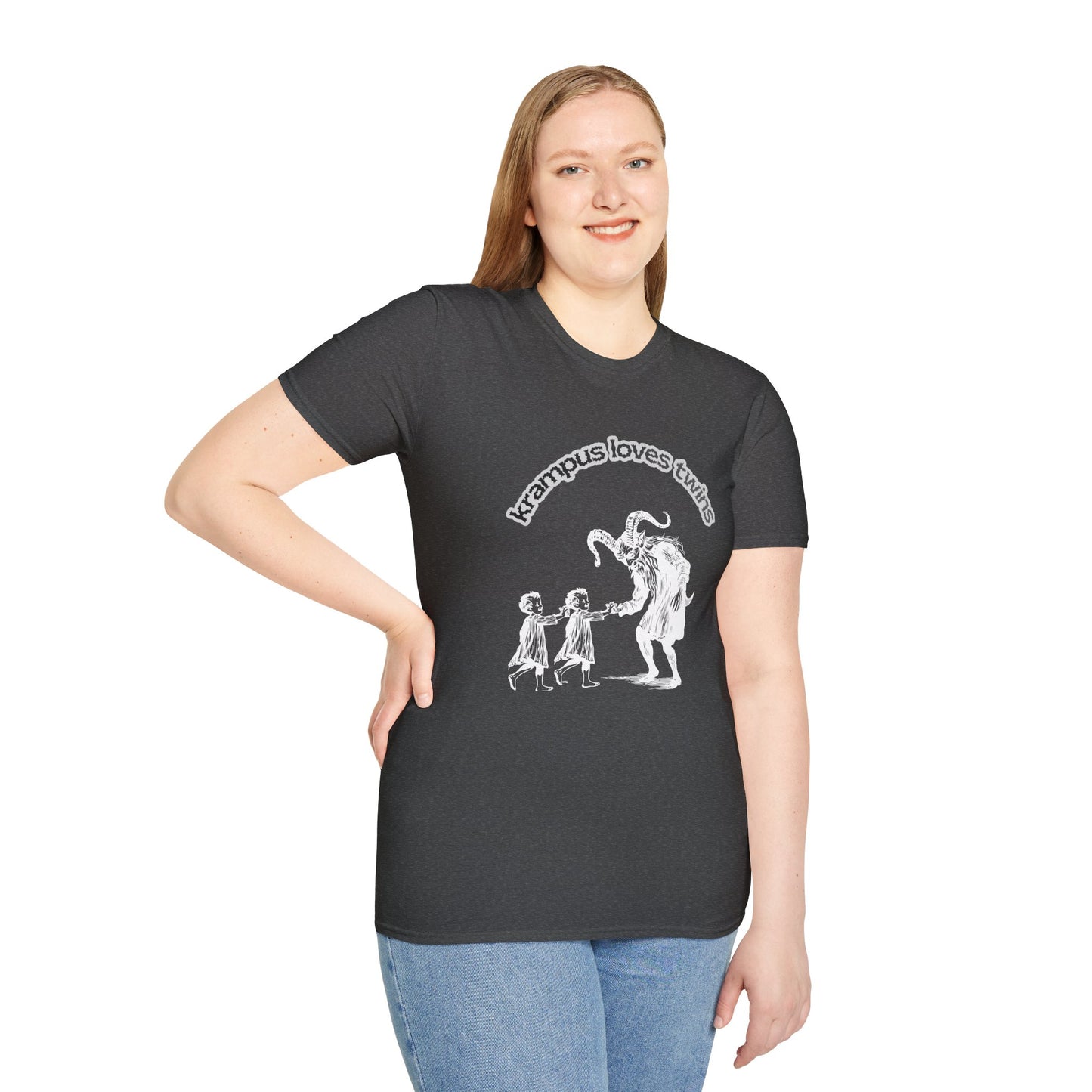 Krampus Loves Twins- Horror Theme Twin Parent Shirt — Funny Gothic Holiday Tee