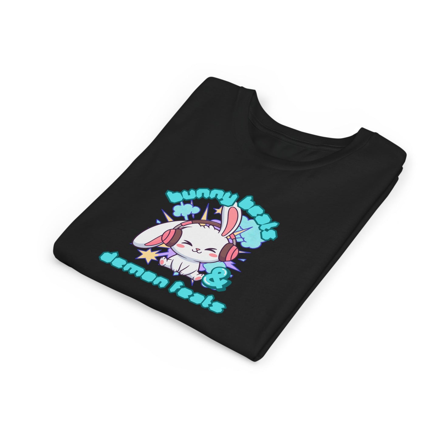 Cute Easter Bunny Headphones Graphic Tee for Young Adults- "Bunny Beats and Demon Feats" Anime K-pop Shirt