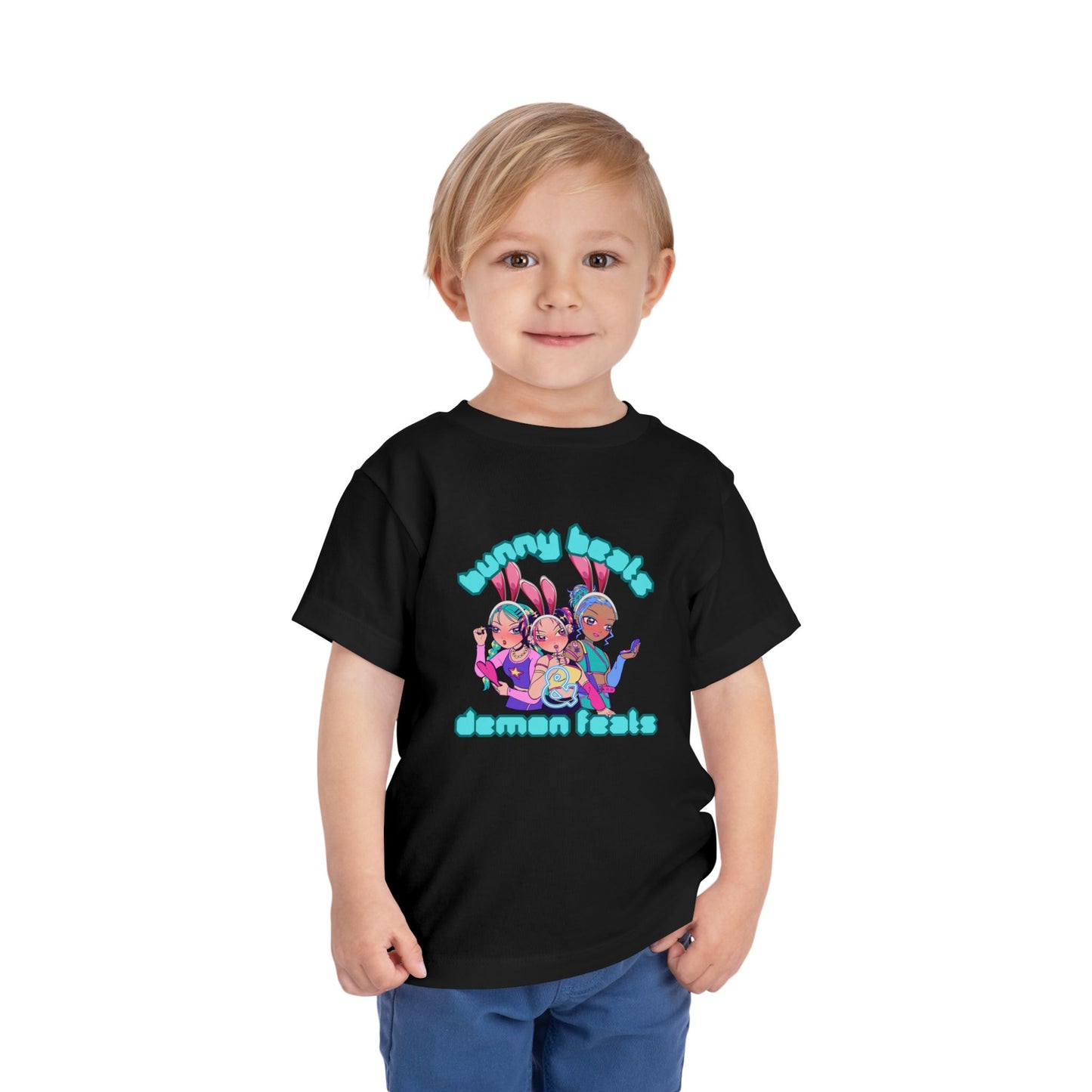 Kids 2-5 years K-Pop Anime Easter Tee - "bunny beats and demon feats" slogan