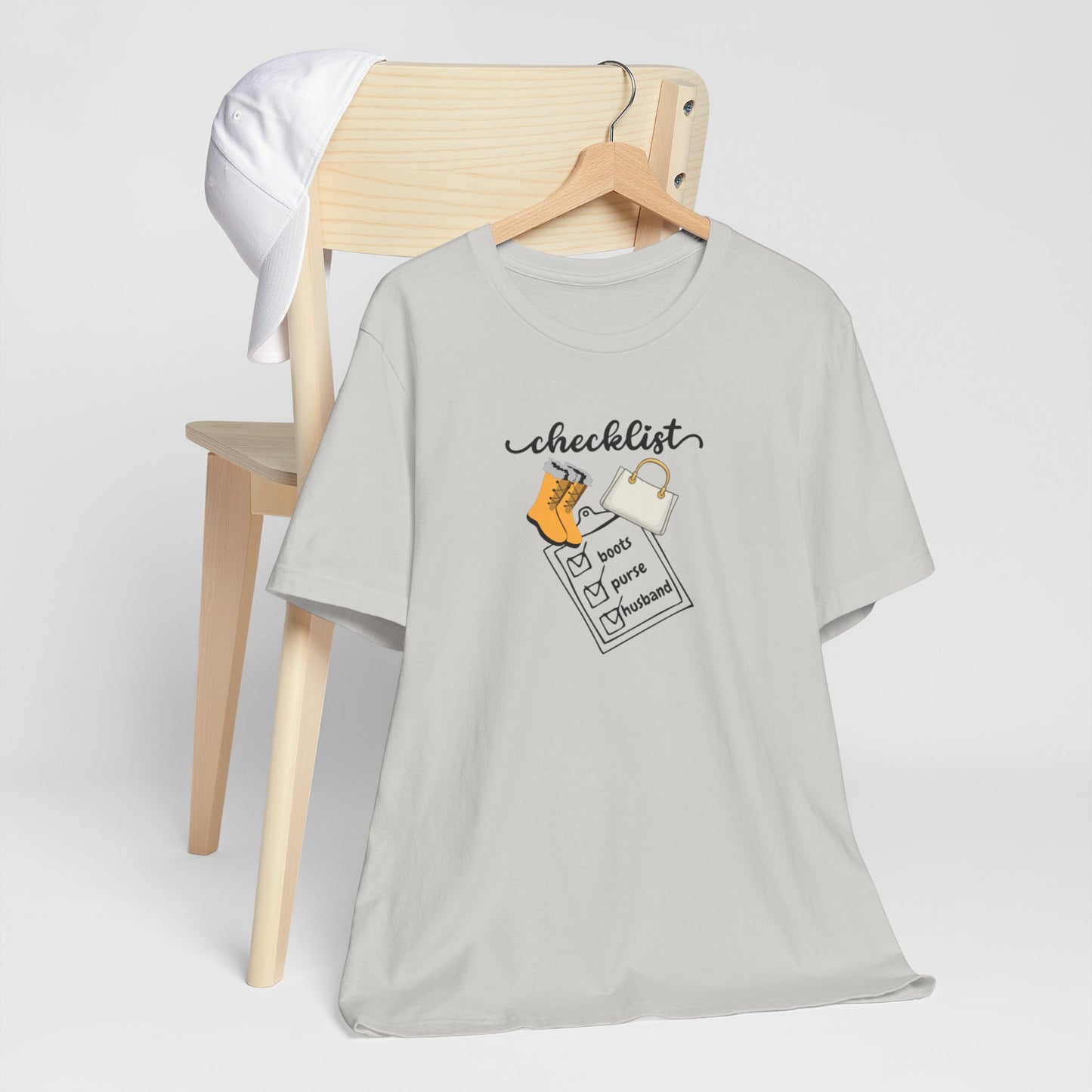 Wife Joke Checklist Tee - 'Checklist: Boots, Purse, Husband' Graphic T-Shirt Christmas Gift