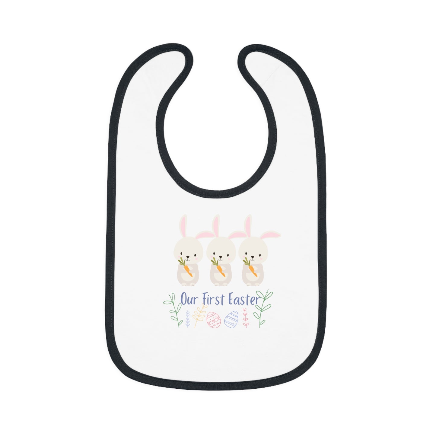 Our First Easter Triplet Baby Bib - Adorable Contrast Trim Jersey Bib for Special Celebrations