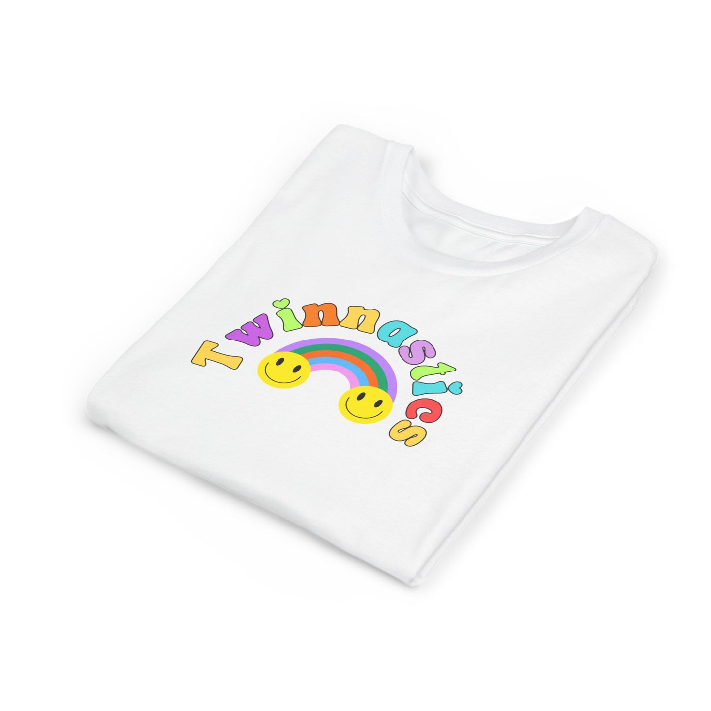 Twin Gymnastics Tee- Front and Back Retro Smiley Face Designs — 'Twinning is Winning' Rainbow