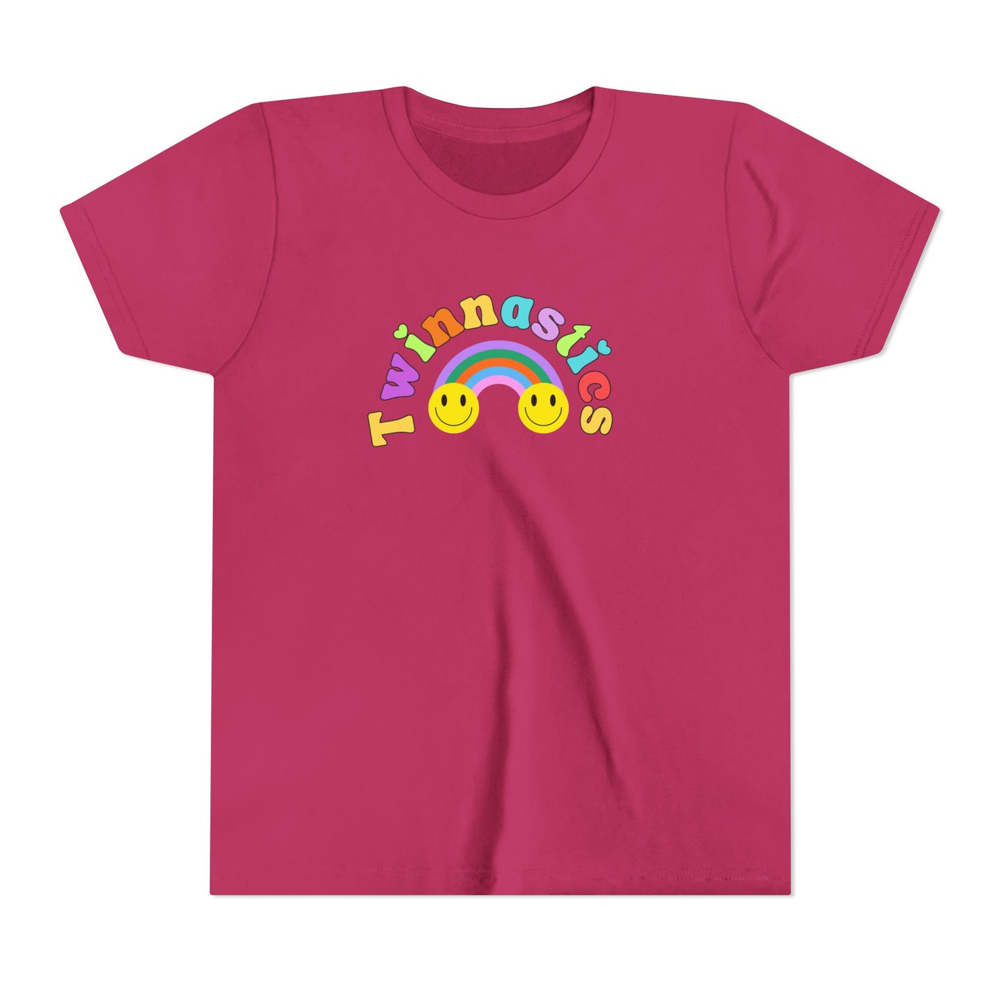 Twin Gymnastics Tee- Front and Back Retro Smiley Face Designs — 'Twinning is Winning' Rainbow