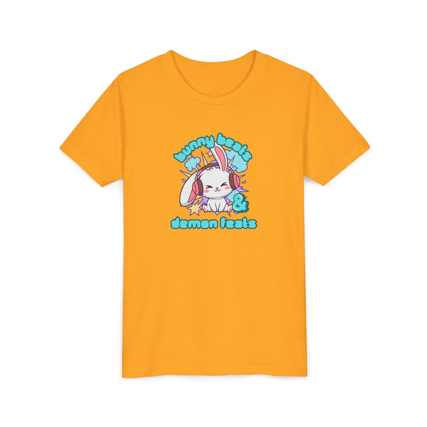 Cute Easter Bunny Headphones Graphic Tee for Young Adults- "Bunny Beats and Demon Feats" Anime K-pop Shirt