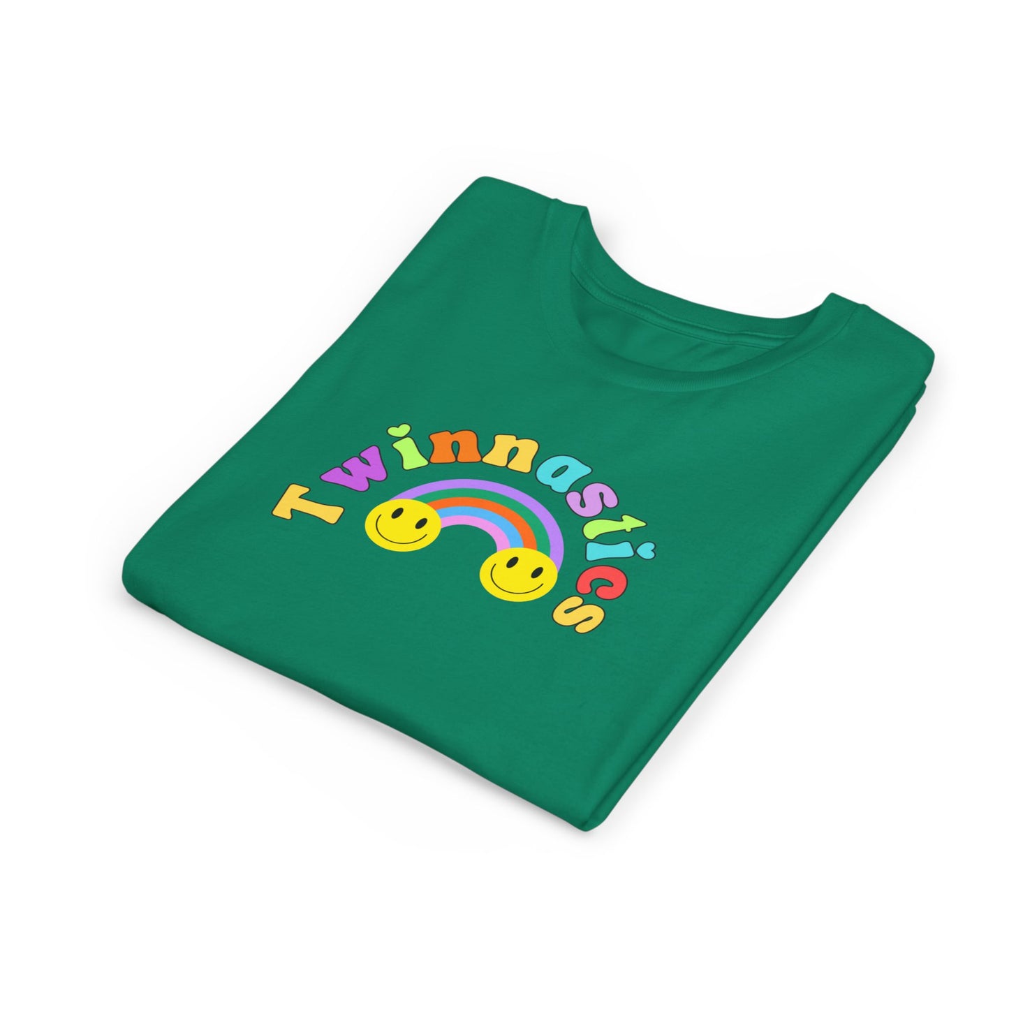 Twin Gymnastics Tee- Front and Back Retro Smiley Face Designs — 'Twinning is Winning' Rainbow