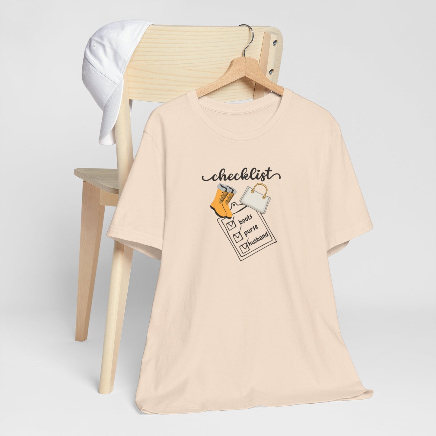 Wife Joke Checklist Tee - 'Checklist: Boots, Purse, Husband' Graphic T-Shirt Christmas Gift