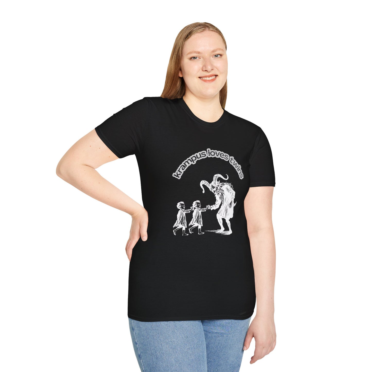 Krampus Loves Twins- Horror Theme Twin Parent Shirt — Funny Gothic Holiday Tee