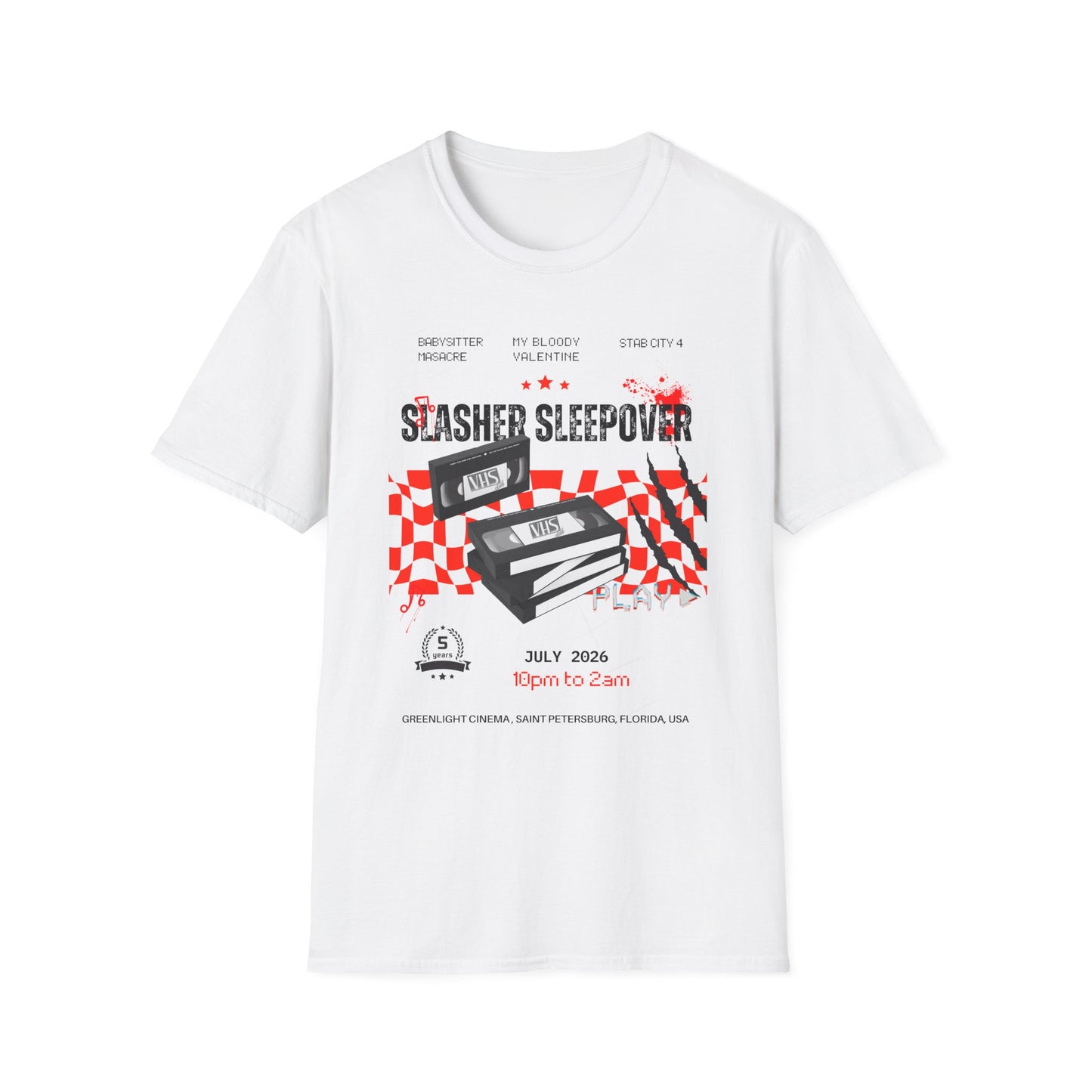 Slasher Sleepover Horror Movie Tee — Retro VHS Blood Splatter Design