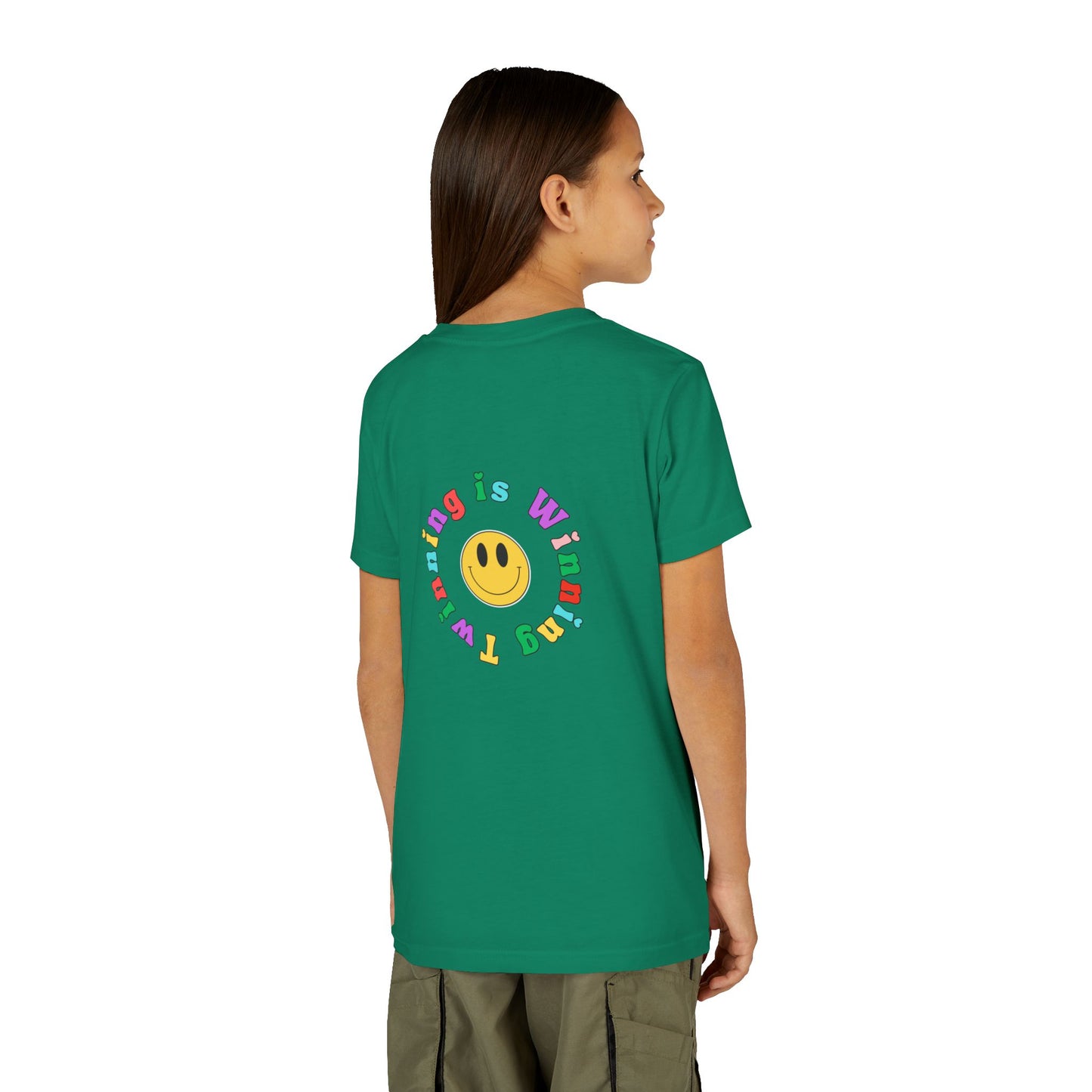 Twin Gymnastics Tee- Front and Back Retro Smiley Face Designs — 'Twinning is Winning' Rainbow