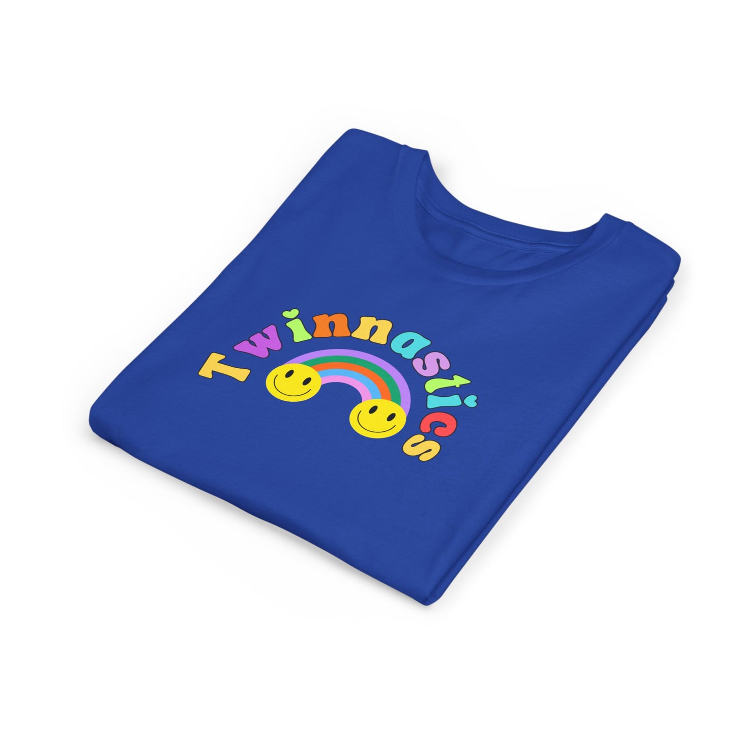 Twin Gymnastics Tee- Front and Back Retro Smiley Face Designs — 'Twinning is Winning' Rainbow