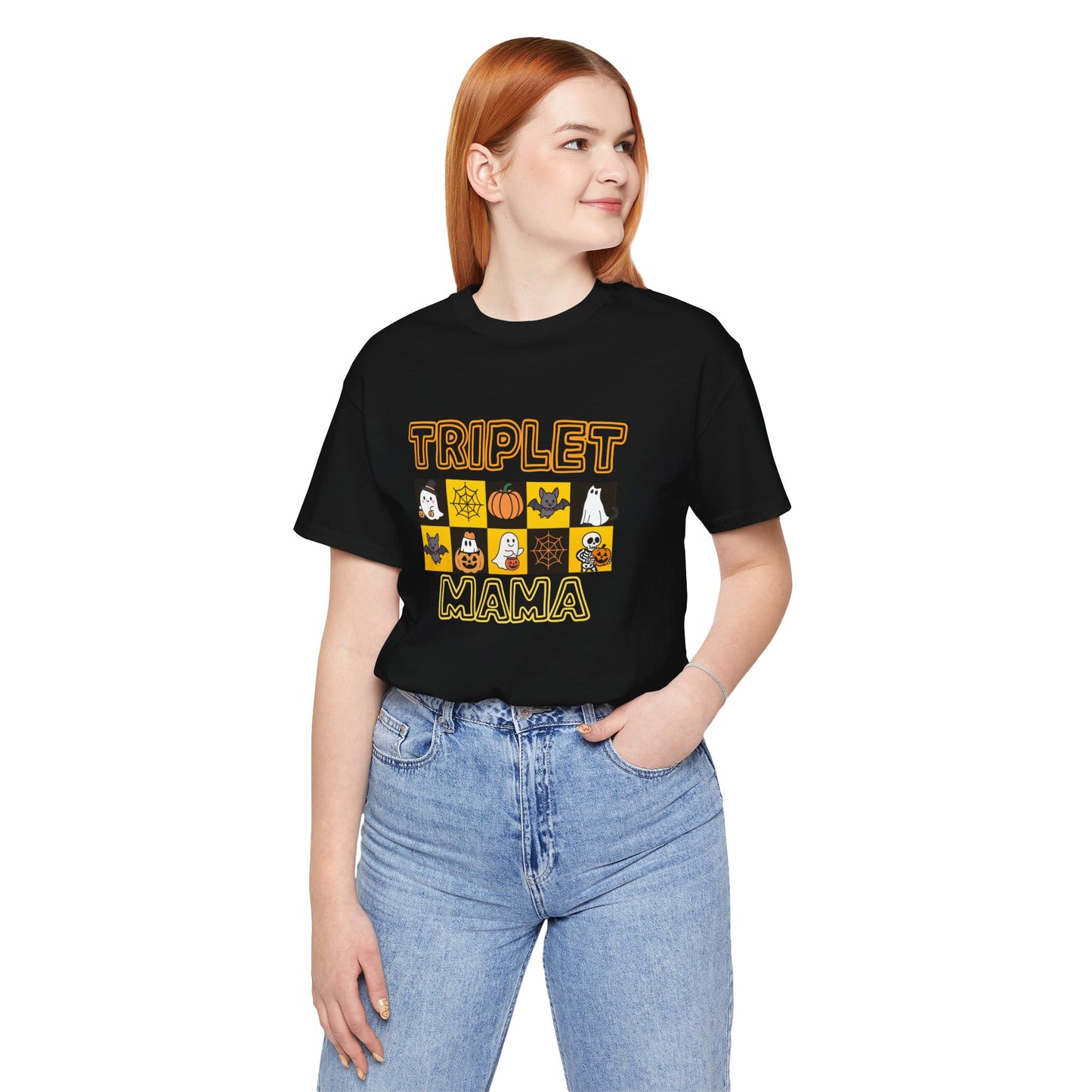 Triplet Mama Halloween Tee — Cute Spooky Mom Shirt with Ghosts & Pumpkins