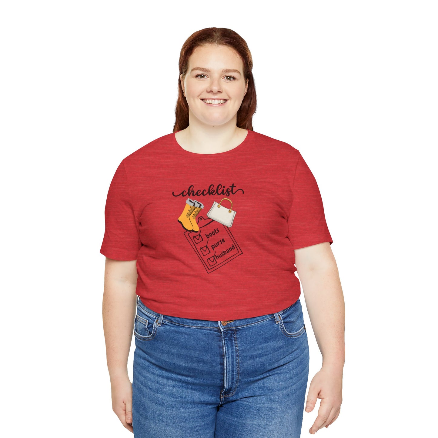 Wife Joke Checklist Tee - 'Checklist: Boots, Purse, Husband' Graphic T-Shirt Christmas Gift
