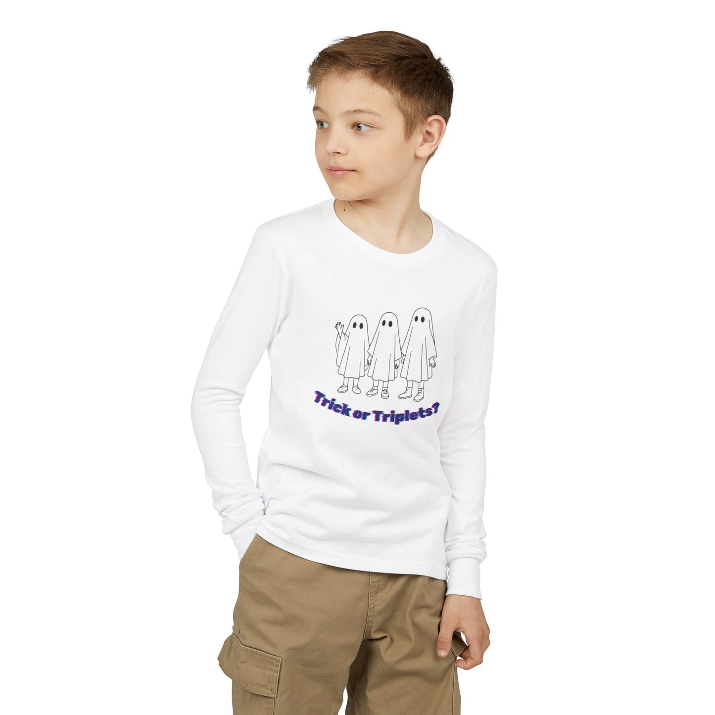 Youth Long Sleeve Tee — 'Trick or Triplets?' Ghosts Halloween Shirt