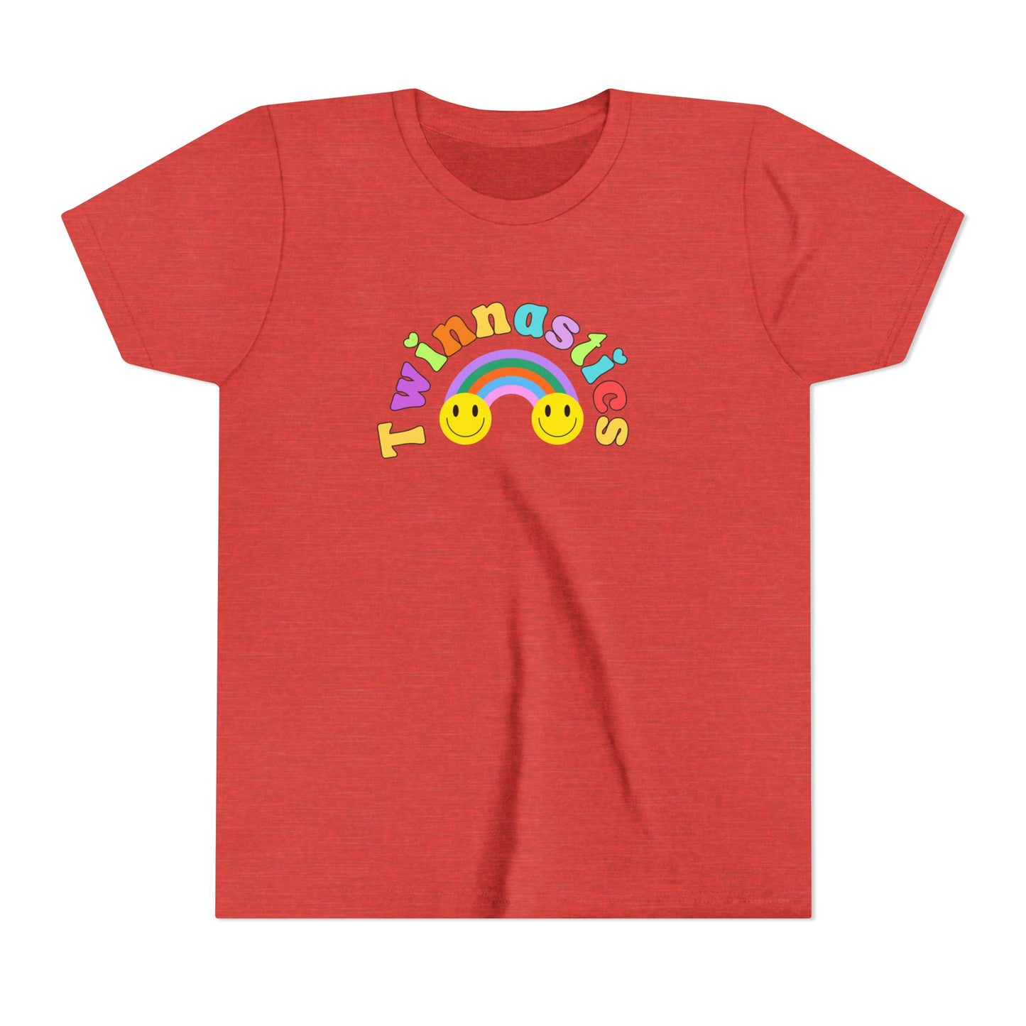 Twin Gymnastics Tee- Front and Back Retro Smiley Face Designs — 'Twinning is Winning' Rainbow