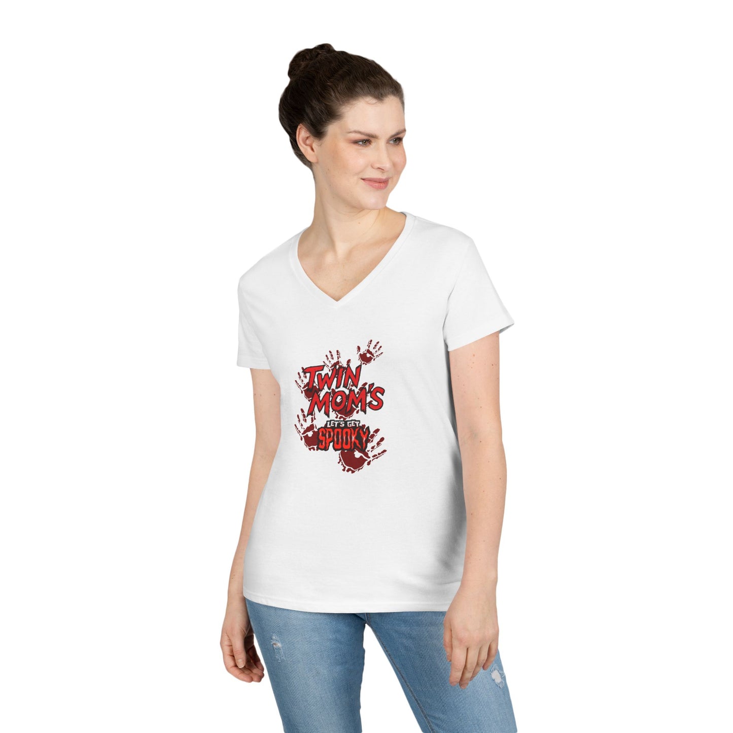 Twin Moms Get Spooky V-Neck Tee — Halloween Graphic T-Shirt for Twin Moms