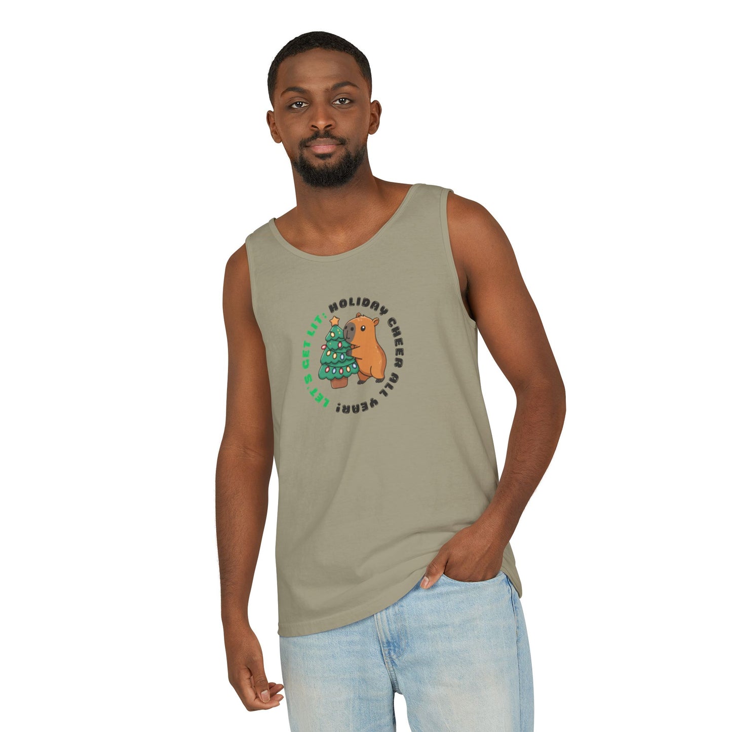 Unisex Holiday Cheer Tank Top — "Get Lit" Christmas Tree & Capybara Graphic