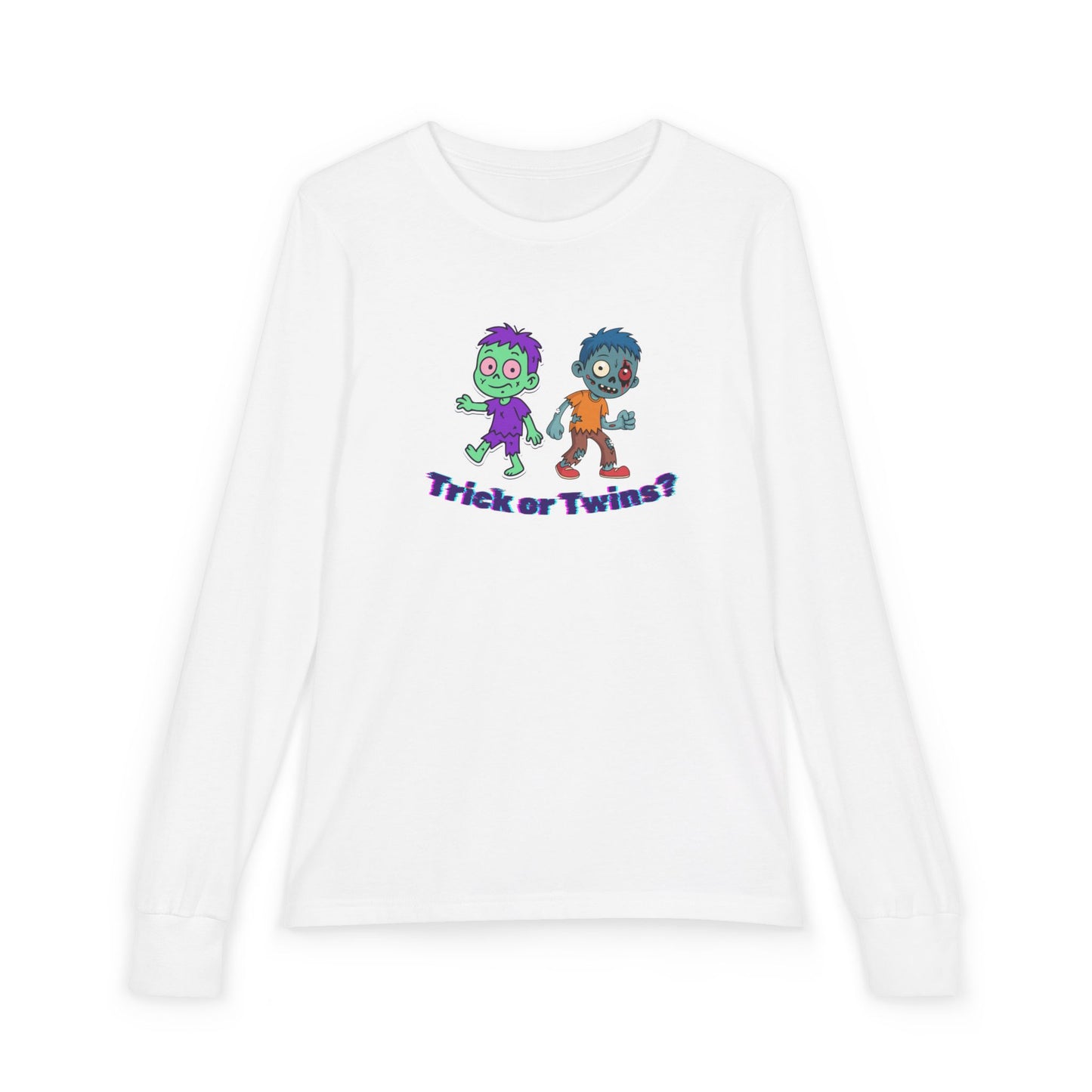 Youth Long Sleeve Tee — "Trick or Twins?" Cute Halloween Twin Zombie Graphic