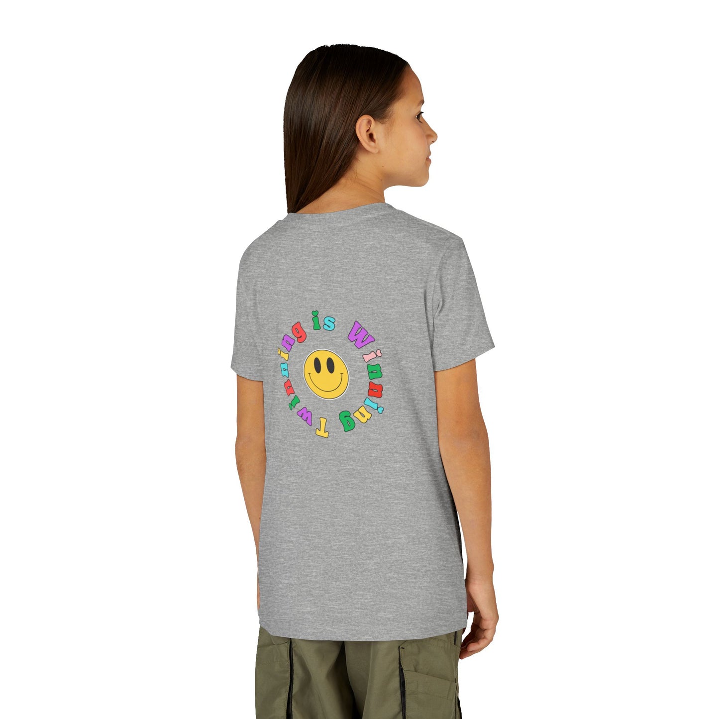 Twin Gymnastics Tee- Front and Back Retro Smiley Face Designs — 'Twinning is Winning' Rainbow