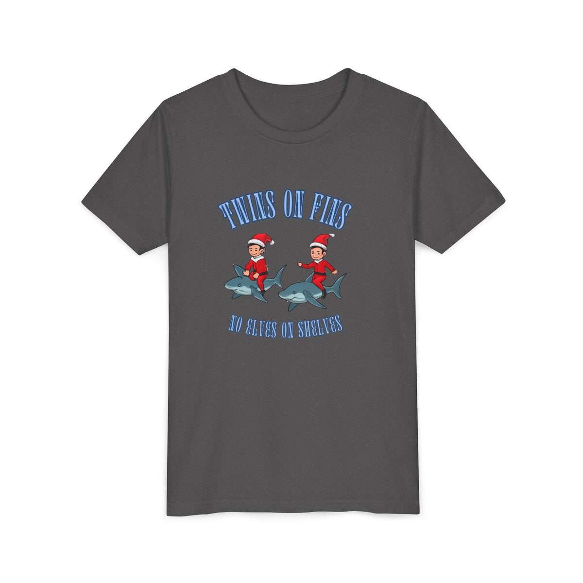 Twins on Fins- Shark Graphic Shirt- Elves on Shelves Parody