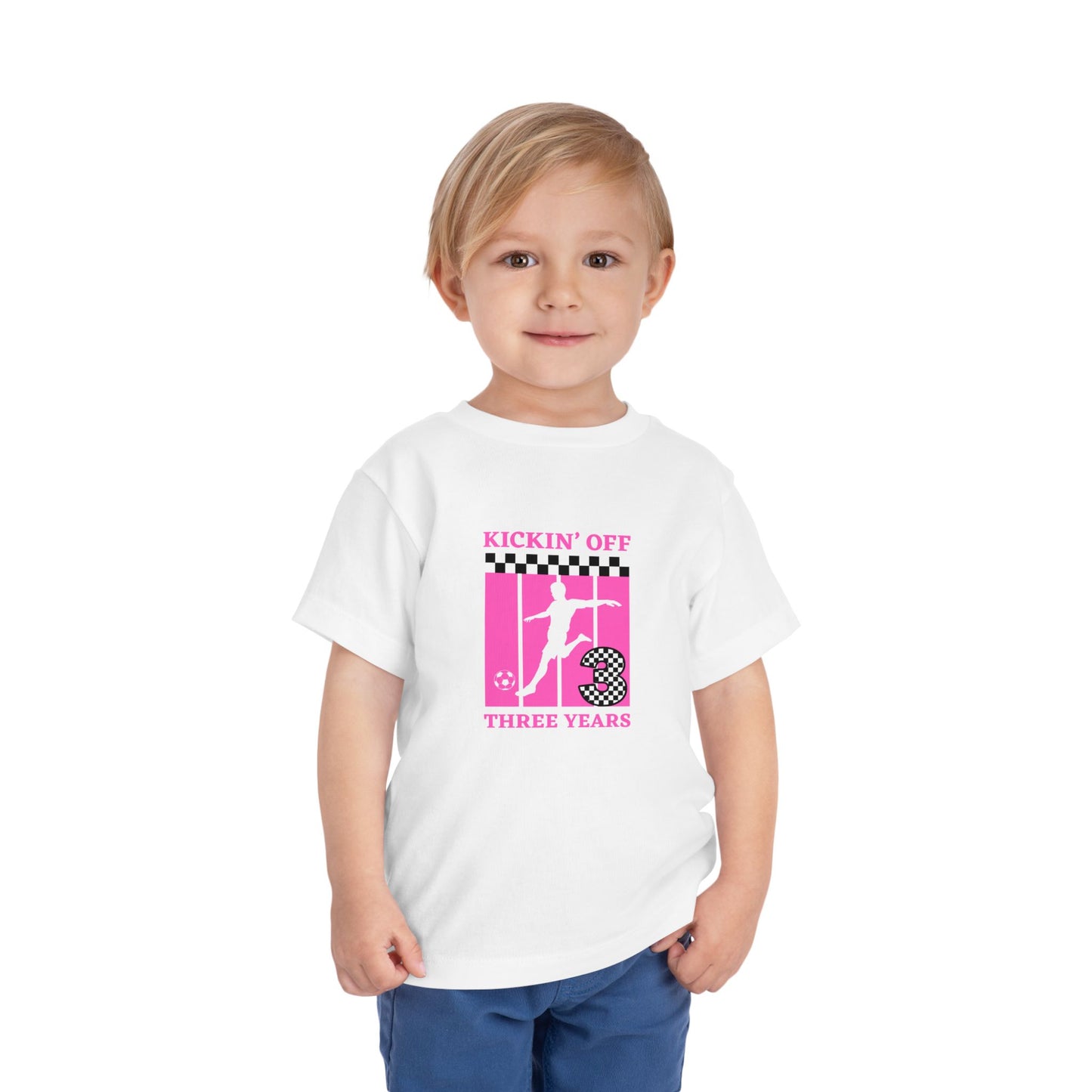 Toddler Girls Soccer Third Birthday Tee — "Kickin' Off Three Years" Pink