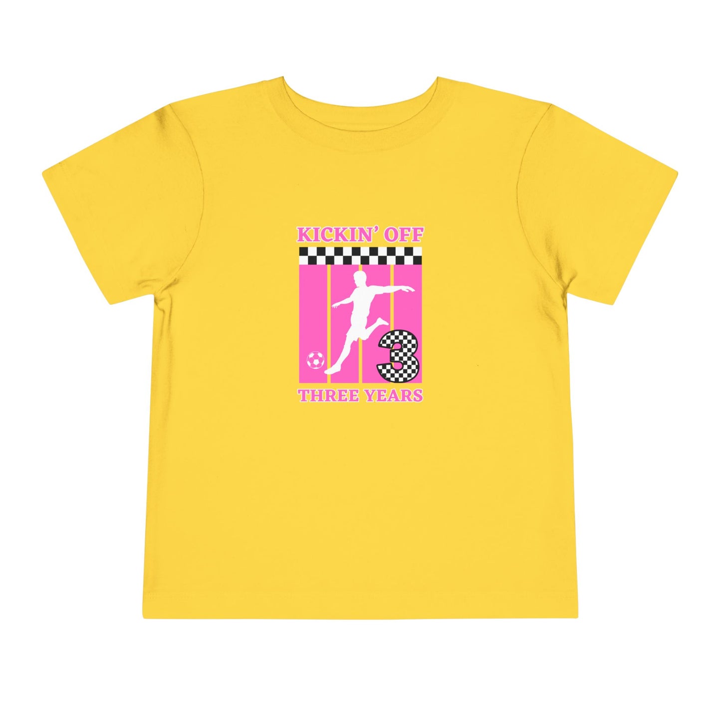 Toddler Girls Soccer Third Birthday Tee — "Kickin' Off Three Years" Pink