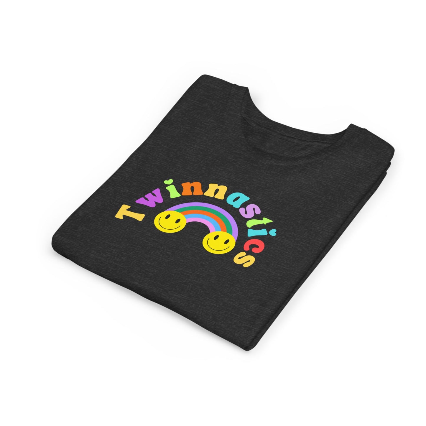 Twin Gymnastics Tee- Front and Back Retro Smiley Face Designs — 'Twinning is Winning' Rainbow