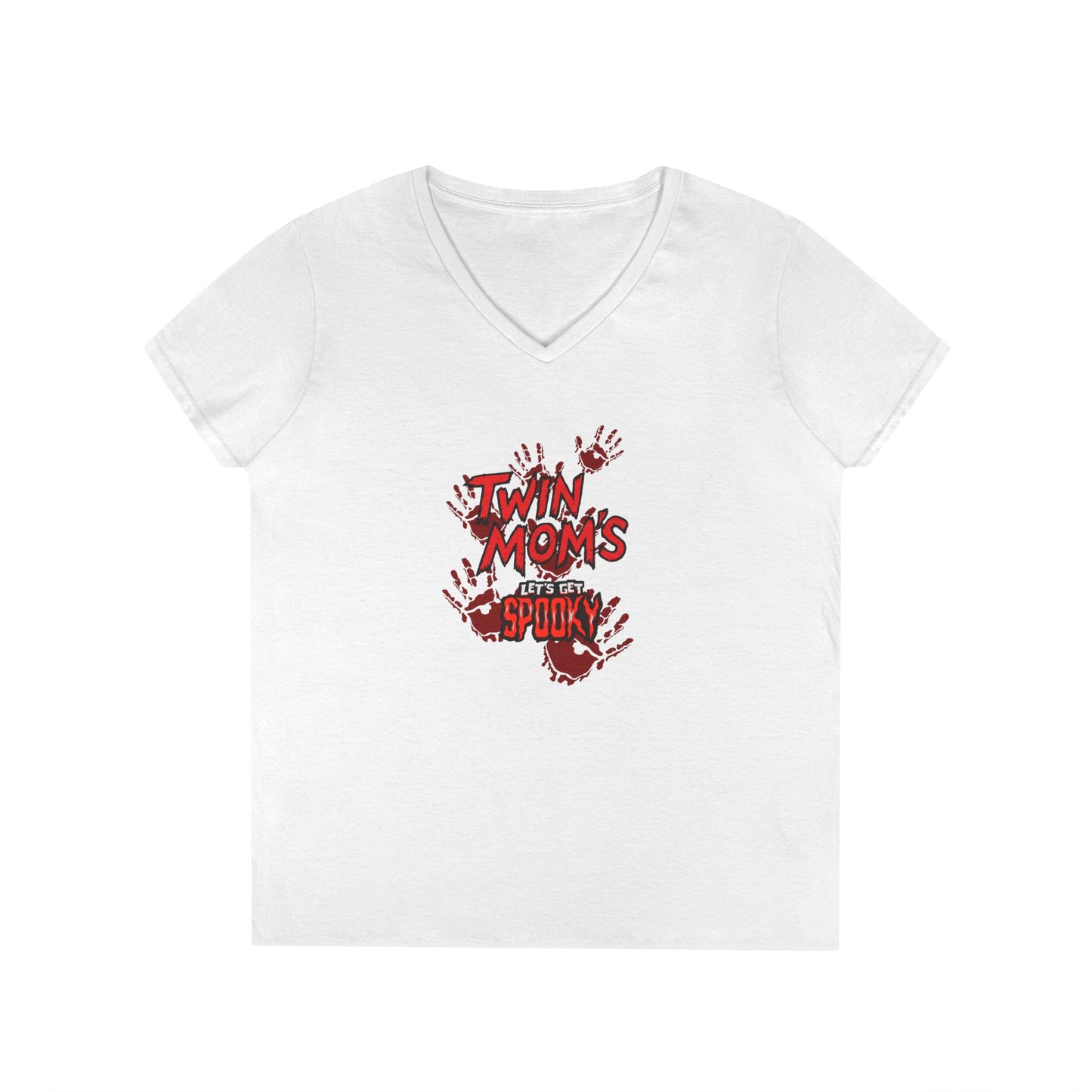 Twin Moms Get Spooky V-Neck Tee — Halloween Graphic T-Shirt for Twin Moms